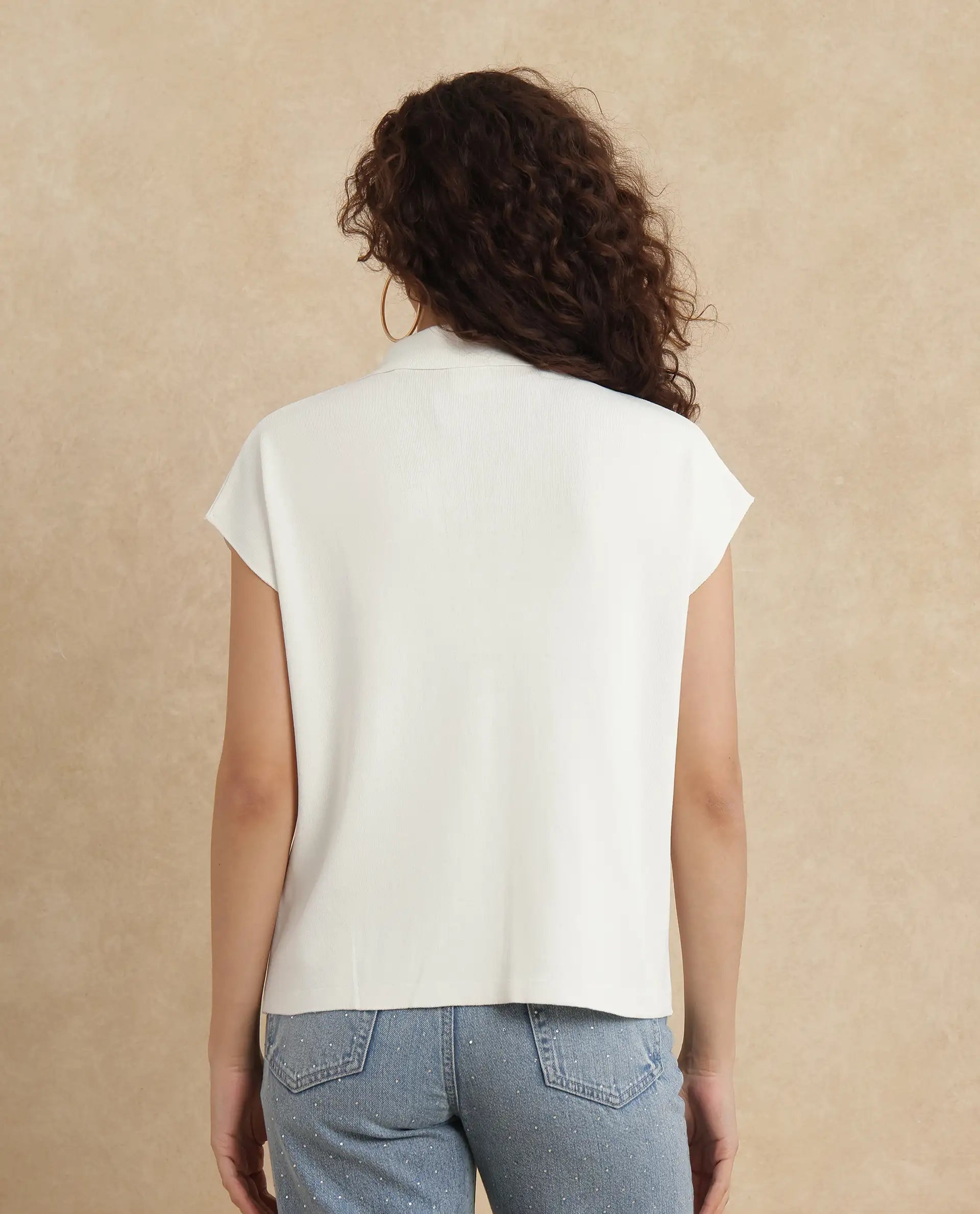 Rareism Women Prepol Off White Viscose Blend Fabric Extended Sleeve Relaxed Fit Top