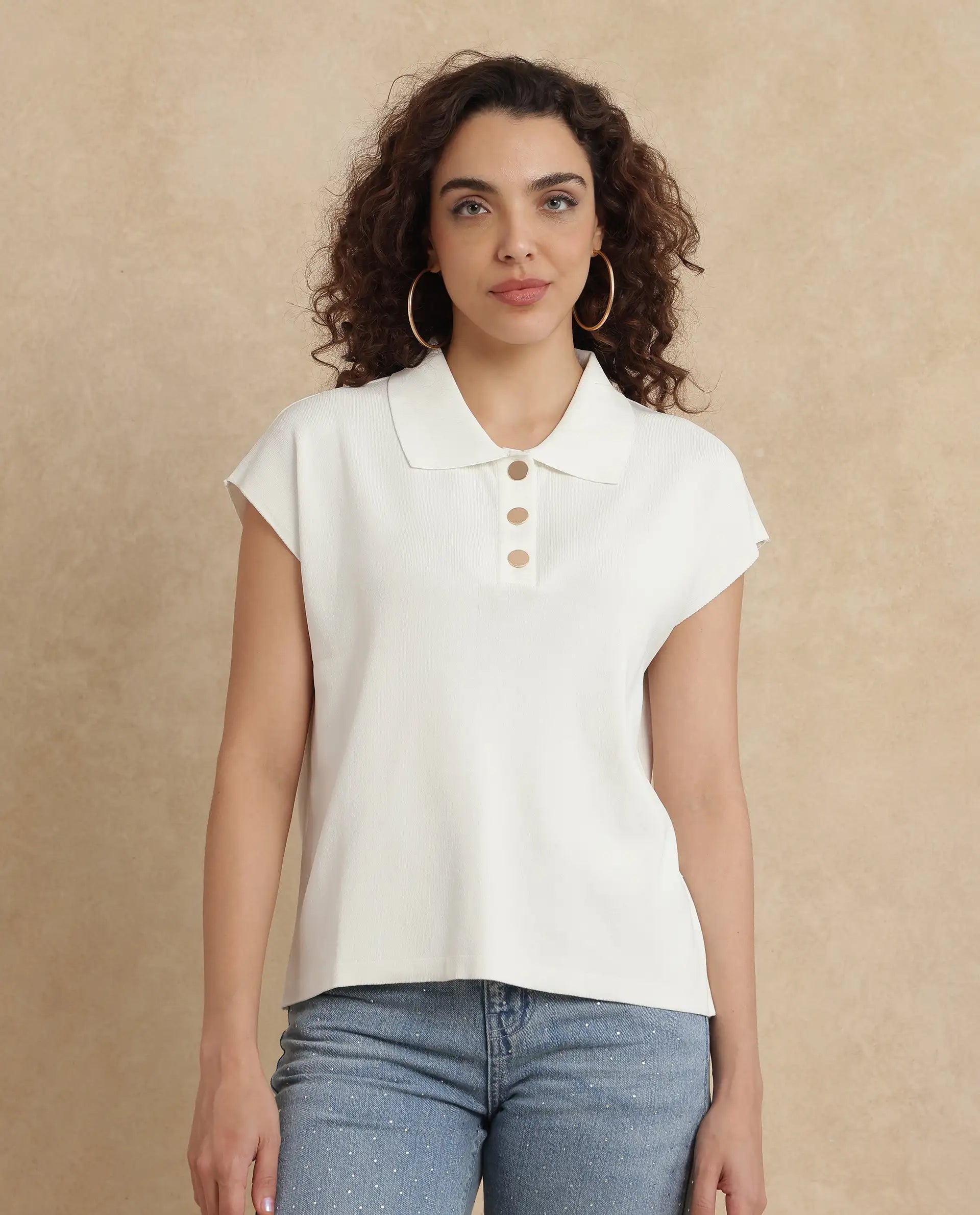 Rareism Women Prepol Off White Viscose Blend Fabric Extended Sleeve Relaxed Fit Top