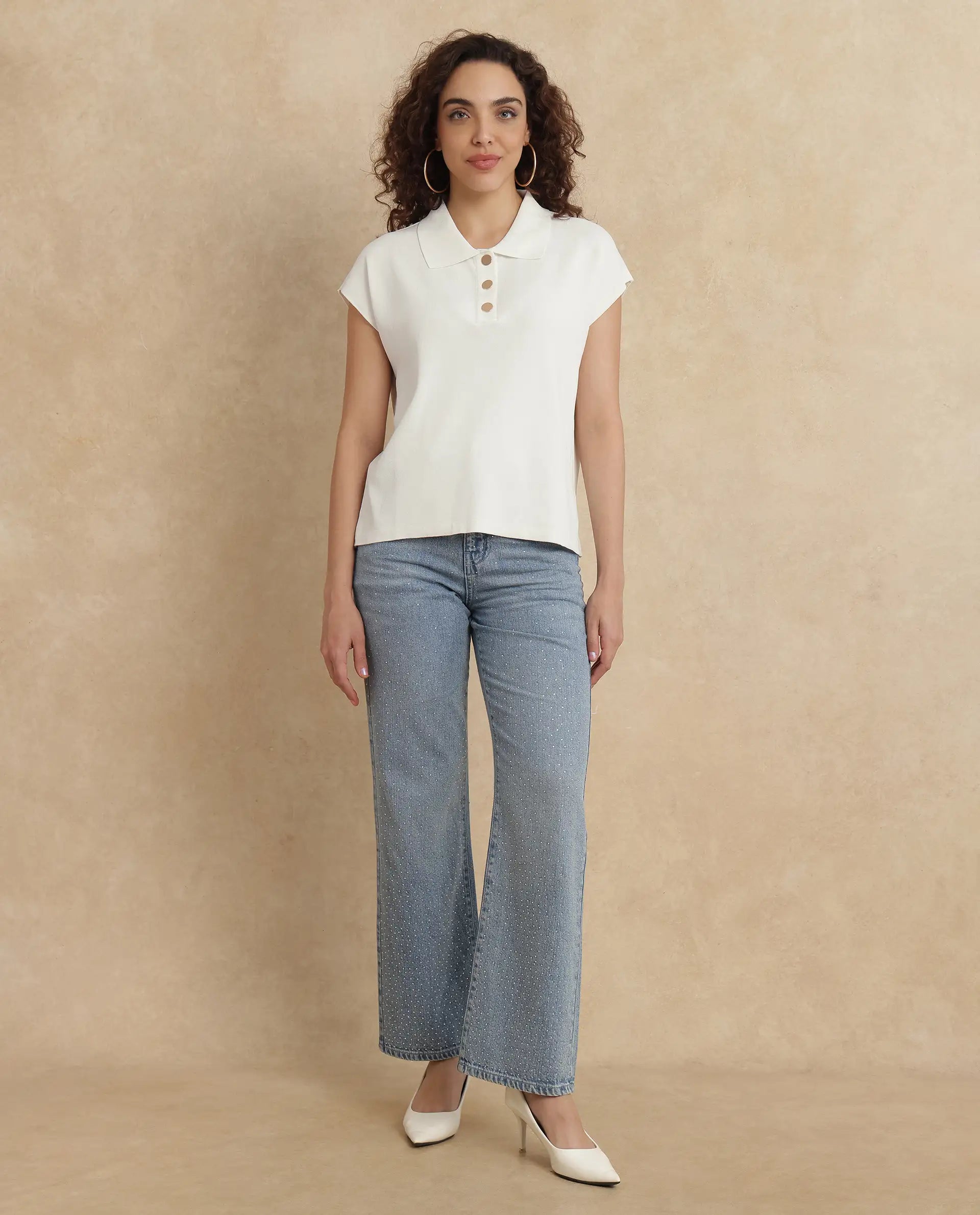 Rareism Women Prepol Off White Viscose Blend Fabric Extended Sleeve Relaxed Fit Top