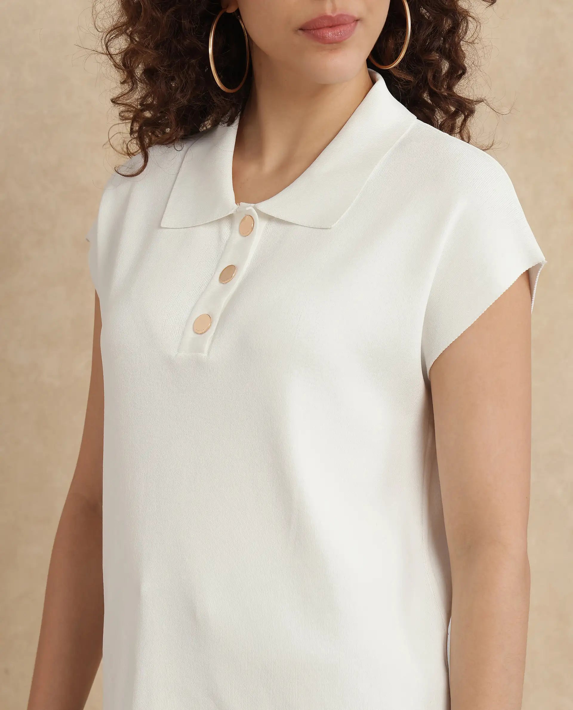 Rareism Women Prepol Off White Viscose Blend Fabric Extended Sleeve Relaxed Fit Top