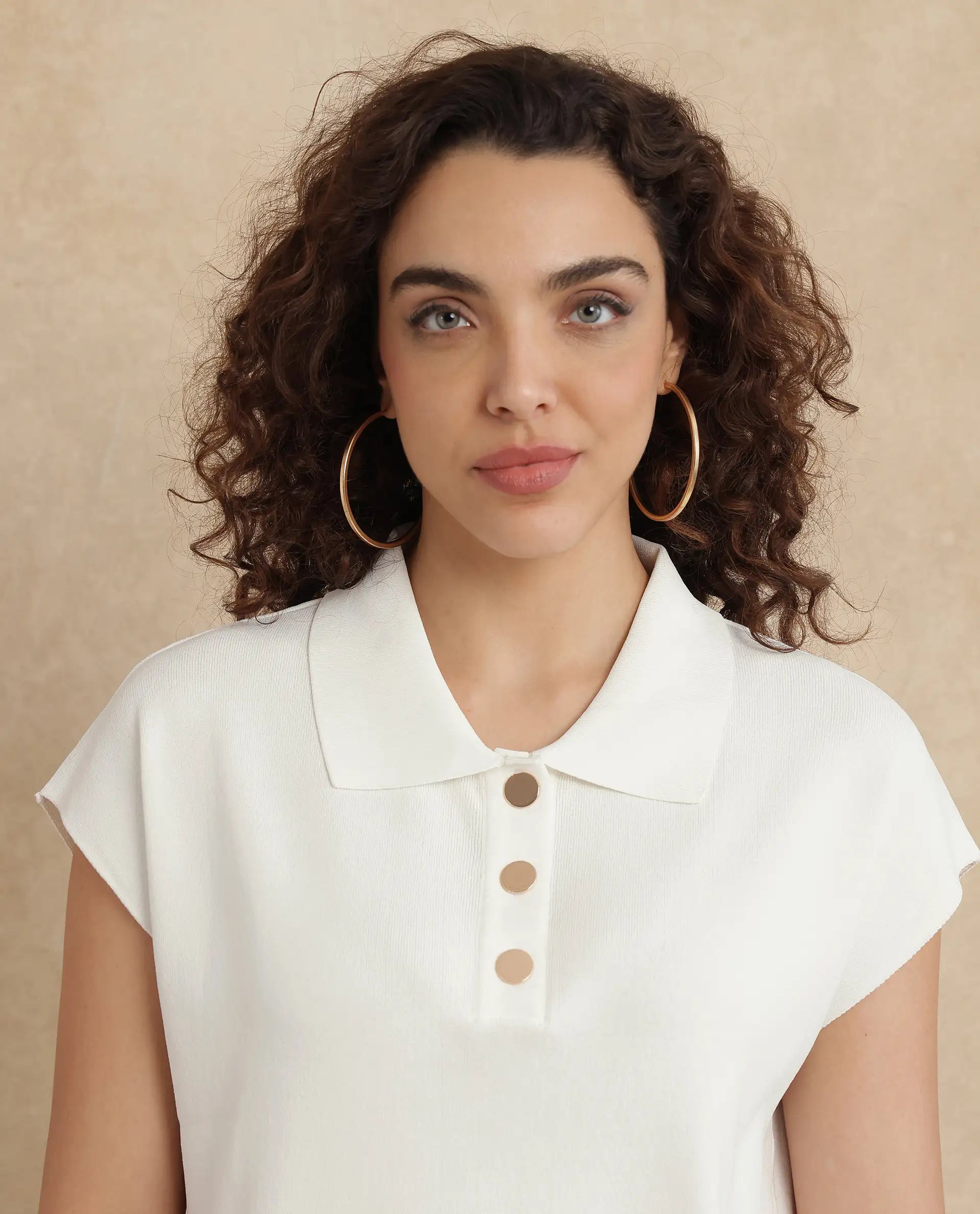 Rareism Women Prepol Off White Viscose Blend Fabric Extended Sleeve Relaxed Fit Top