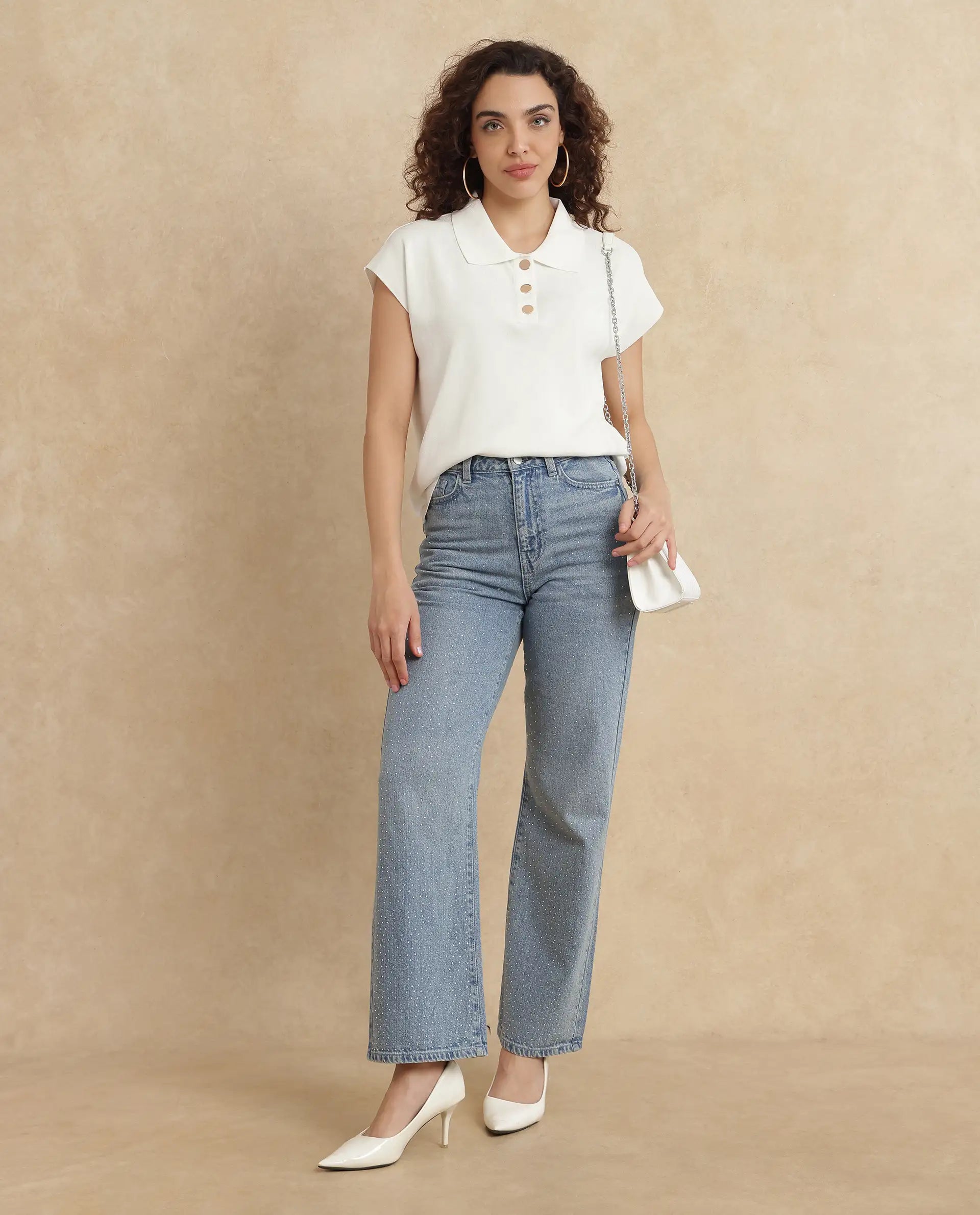 Rareism Women Prepol Off White Viscose Blend Fabric Extended Sleeve Relaxed Fit Top