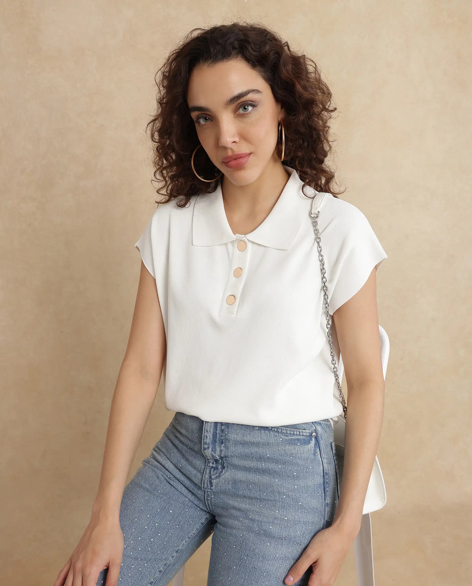 Rareism Women Prepol Off White Viscose Blend Fabric Extended Sleeve Relaxed Fit Top