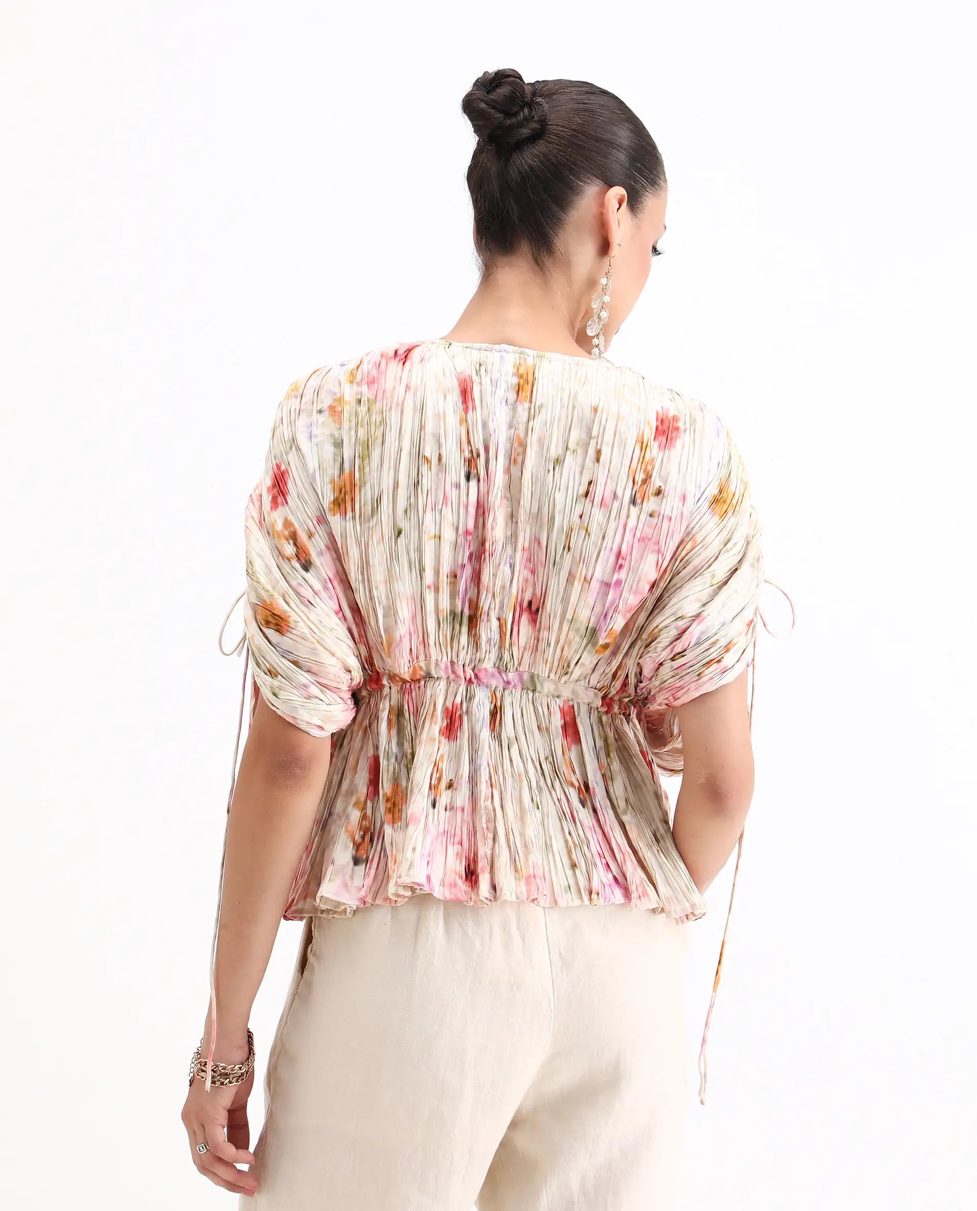 Rareism Women's Prepo Multi Viscose Round Neck Floral Print Kimono Sleeve Relaxed Fit Top