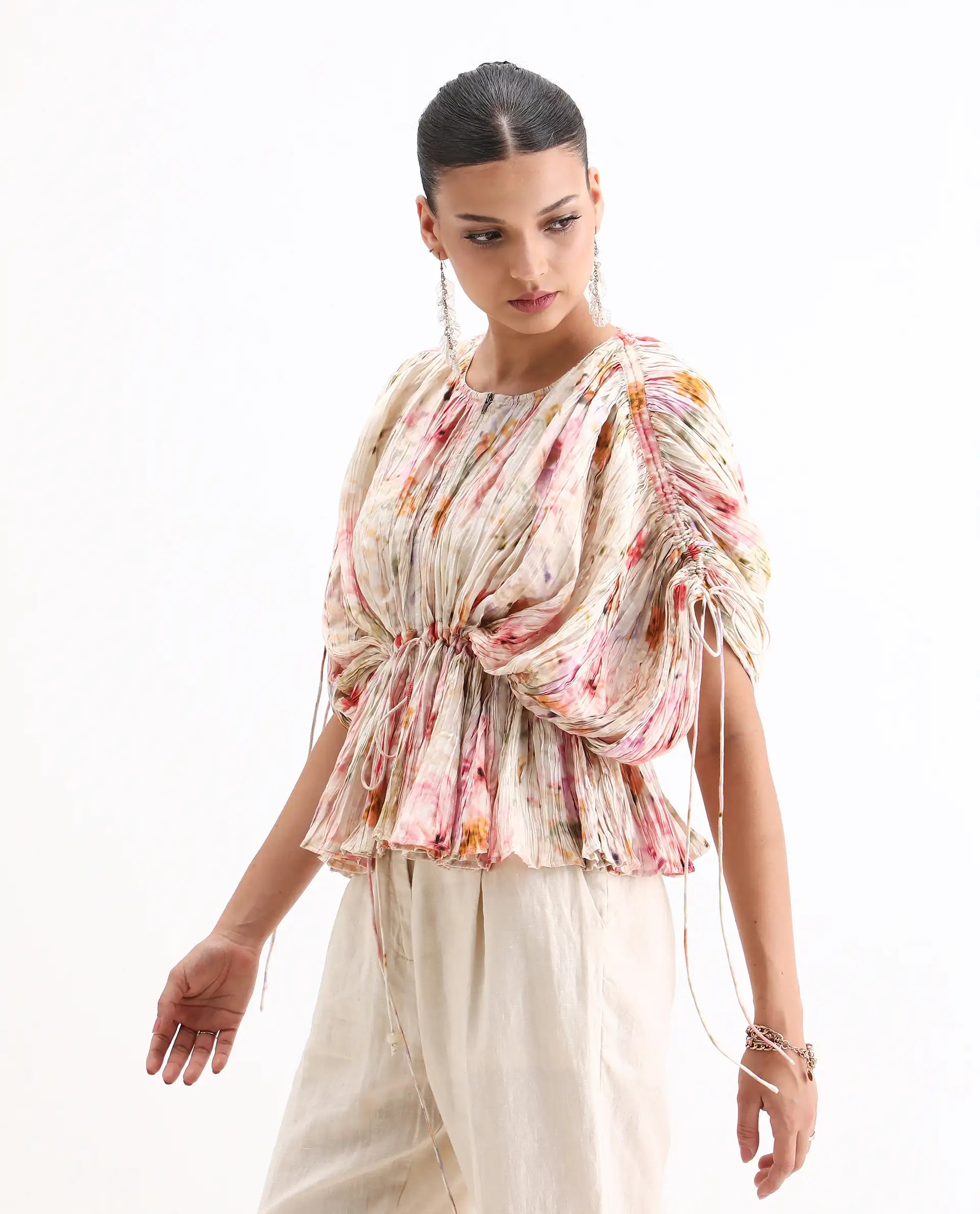 Rareism Women's Prepo Multi Viscose Round Neck Floral Print Kimono Sleeve Relaxed Fit Top