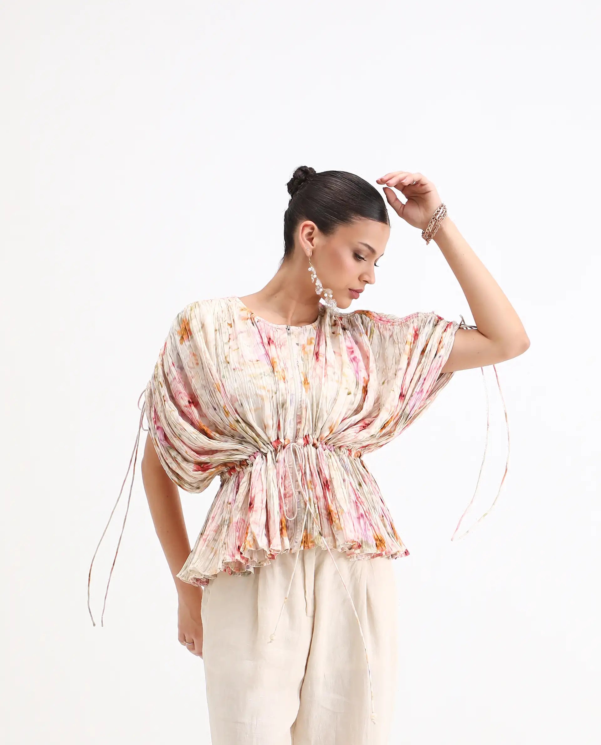 Rareism Women's Prepo Multi Viscose Round Neck Floral Print Kimono Sleeve Relaxed Fit Top