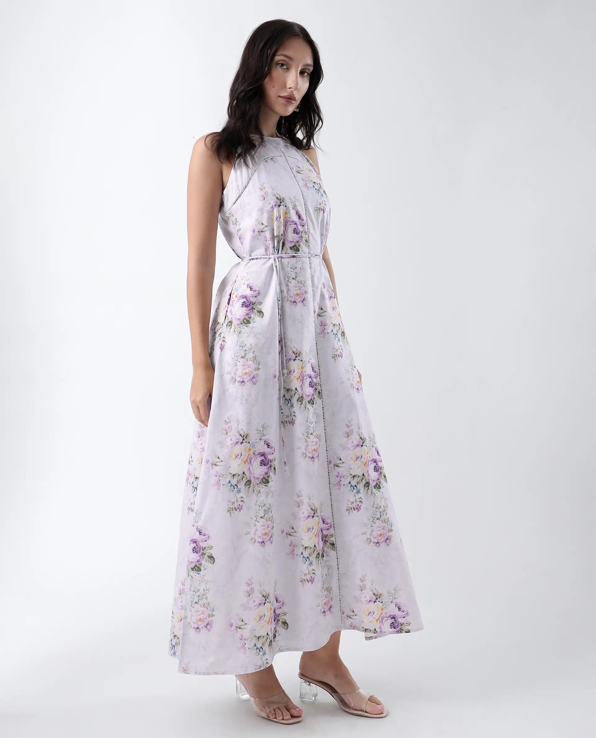 Rareism Women's Preru Purple Cotton Halter Neck Floral Print Sleeveless Maxi Flared Dress