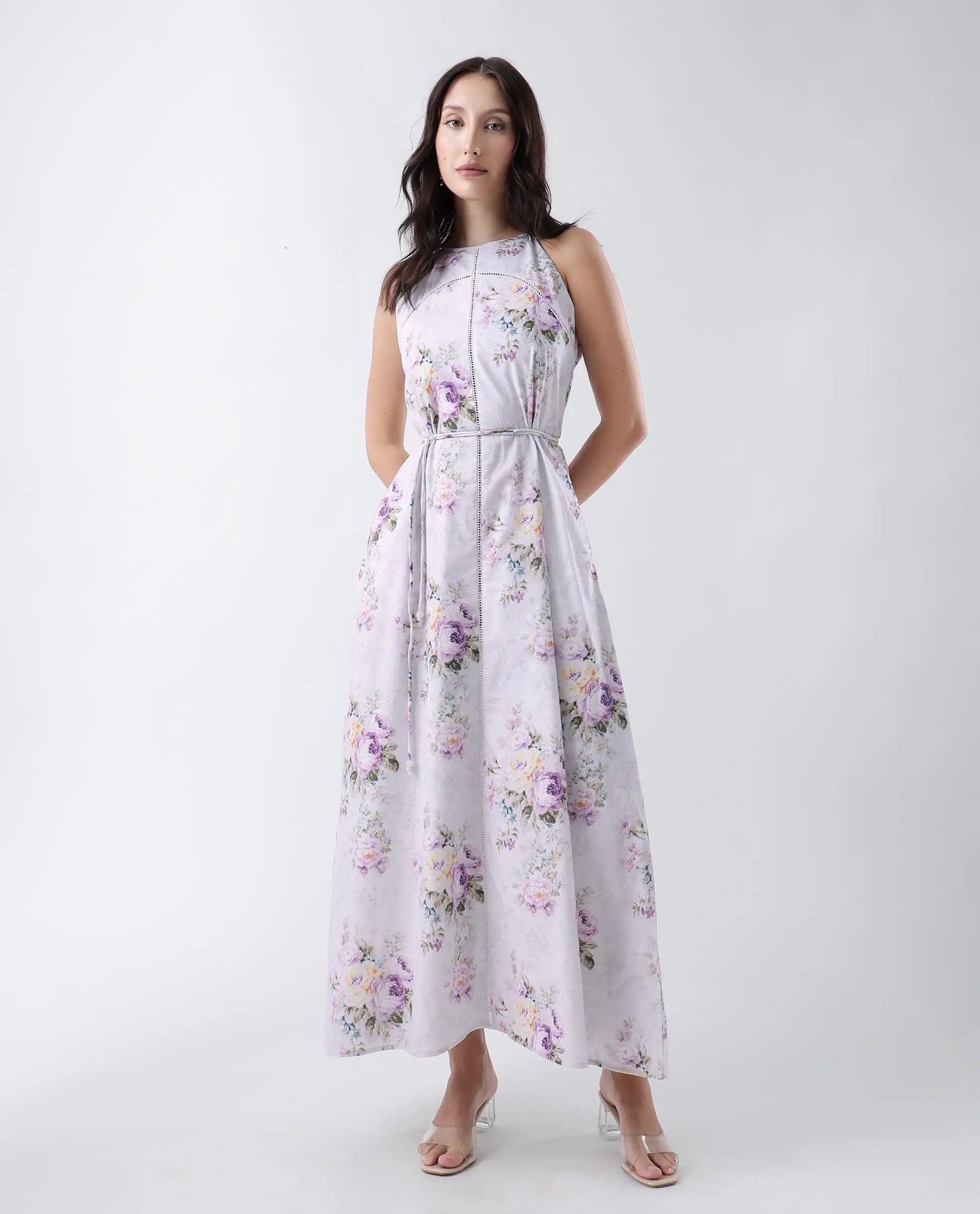 Rareism Women's Preru Purple Cotton Halter Neck Floral Print Sleeveless Maxi Flared Dress