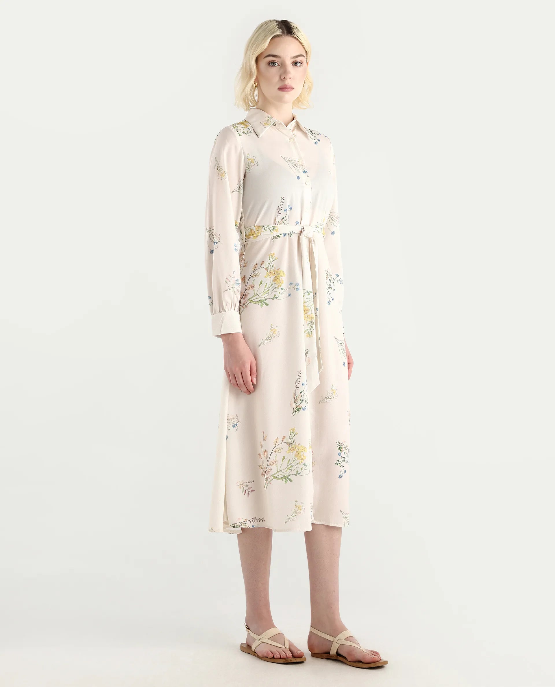 Rareism Women's Presho Multi Polyester Overlap Neck Floral Print Bishop Sleeve Maxi Fit And Flare Dress