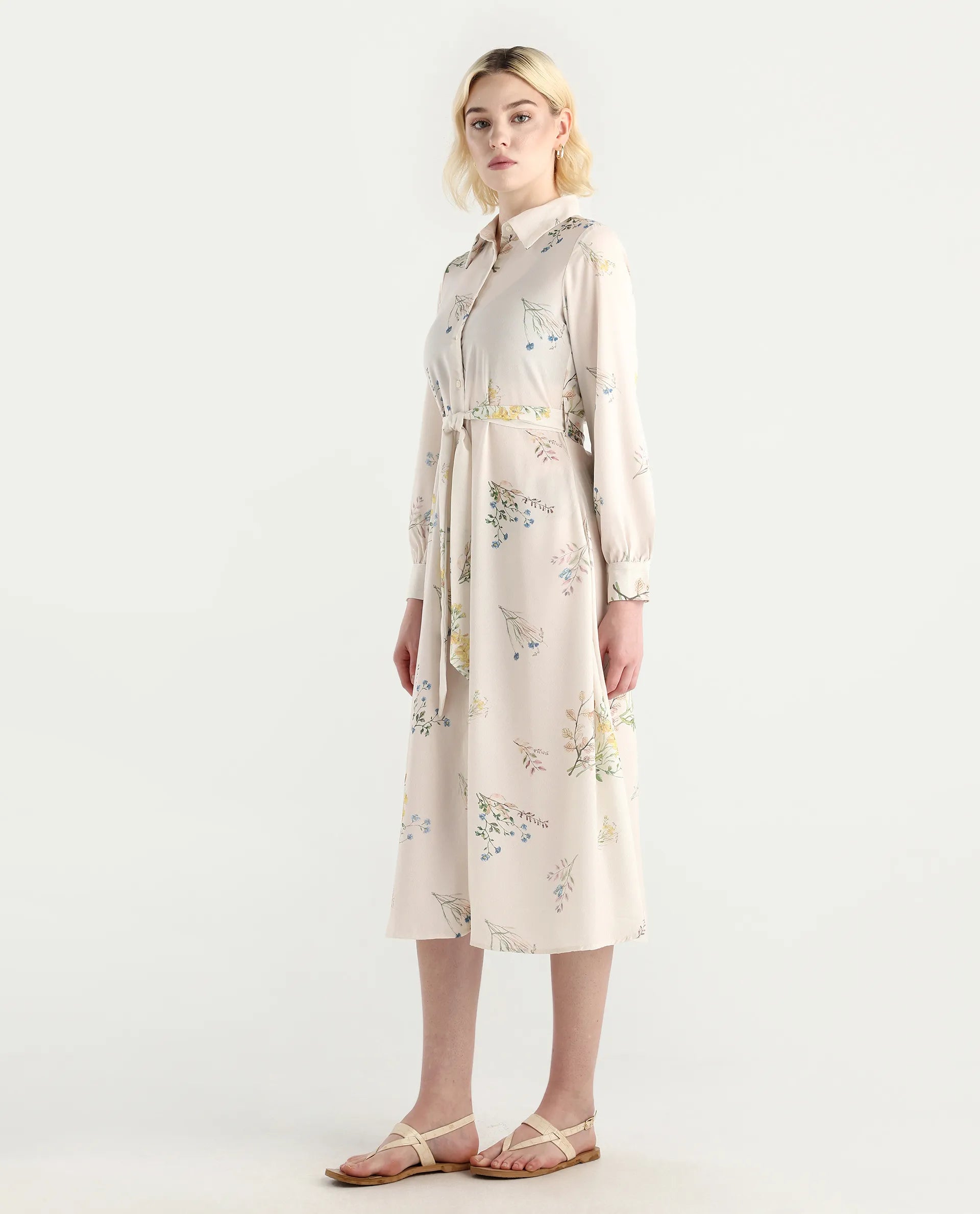 Rareism Women's Presho Multi Polyester Overlap Neck Floral Print Bishop Sleeve Maxi Fit And Flare Dress