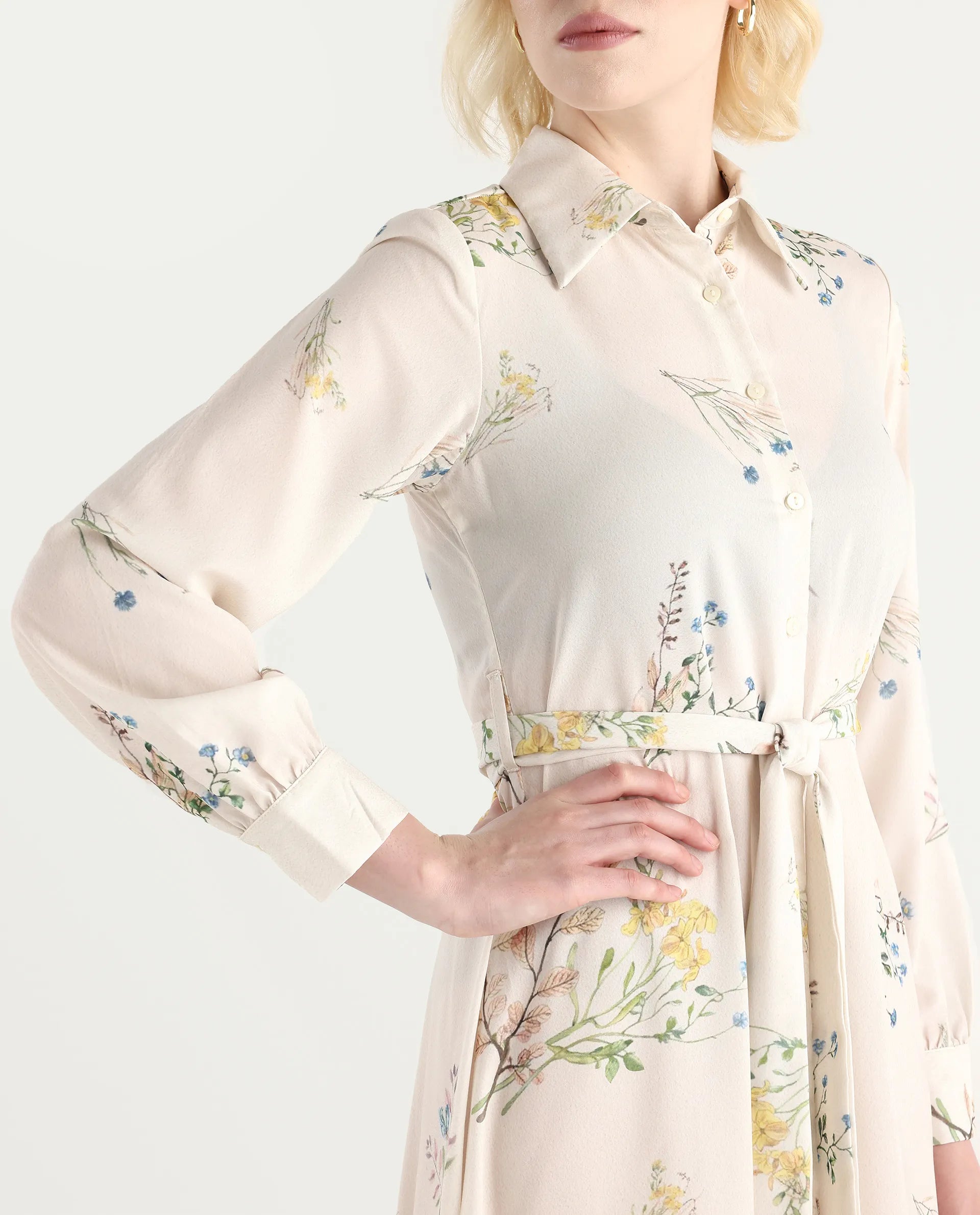 Rareism Women's Presho Multi Polyester Overlap Neck Floral Print Bishop Sleeve Maxi Fit And Flare Dress