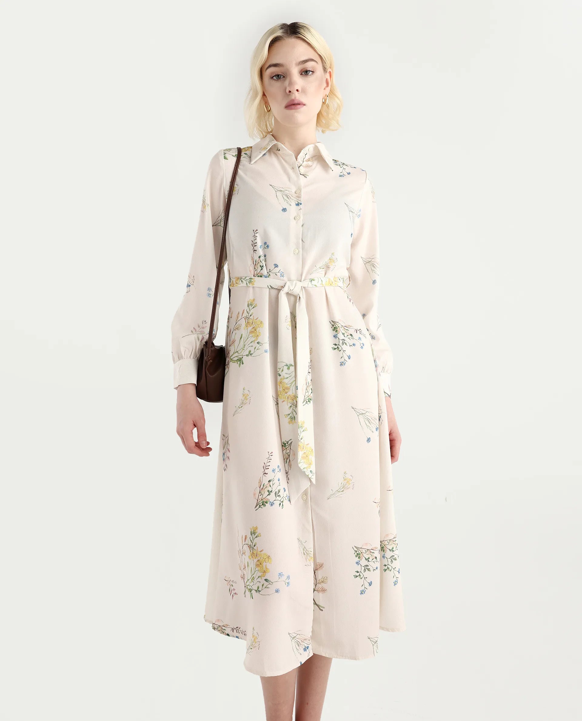 Rareism Women's Presho Multi Polyester Overlap Neck Floral Print Bishop Sleeve Maxi Fit And Flare Dress