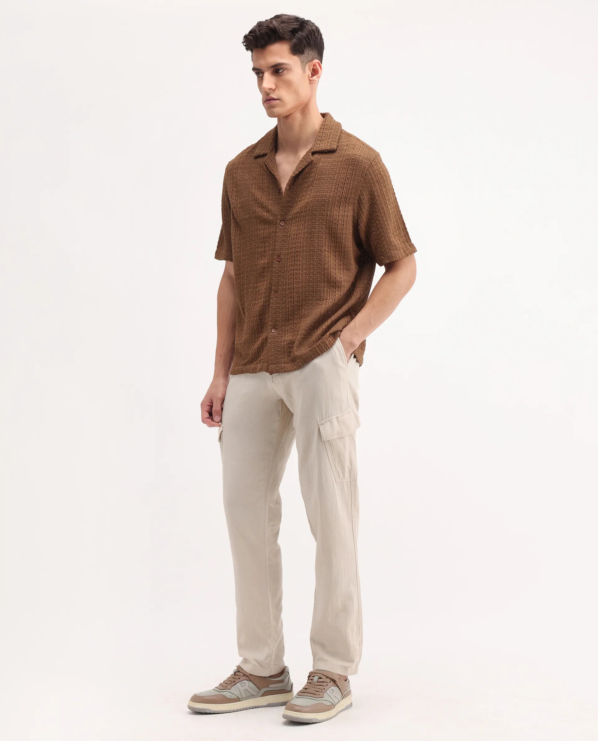 Rare Rabbit Men's Presso-25 Beige Cotton Blend Plain Relaxed Fit Trouser