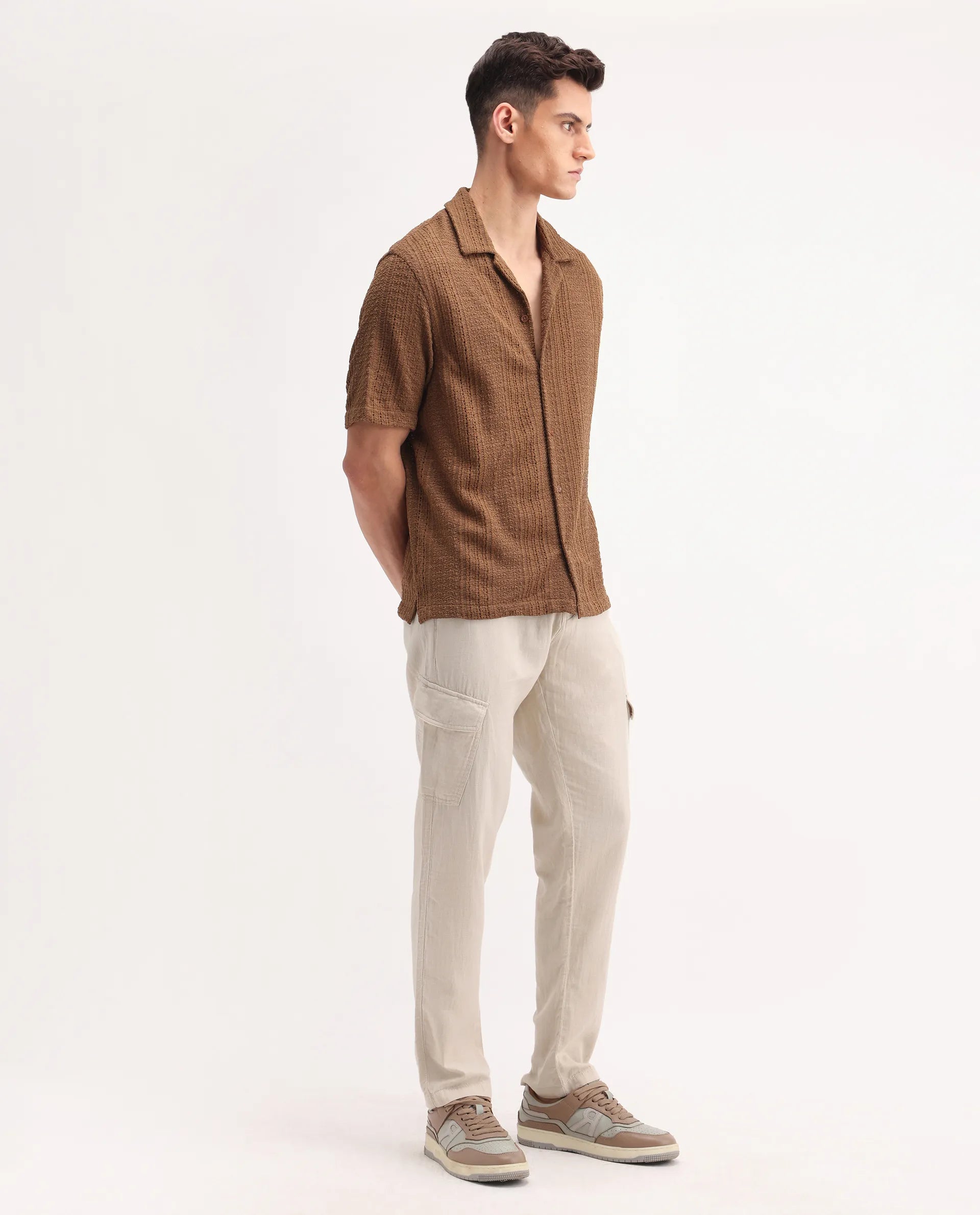 Rare Rabbit Men's Presso-25 Beige Cotton Blend Plain Relaxed Fit Trouser