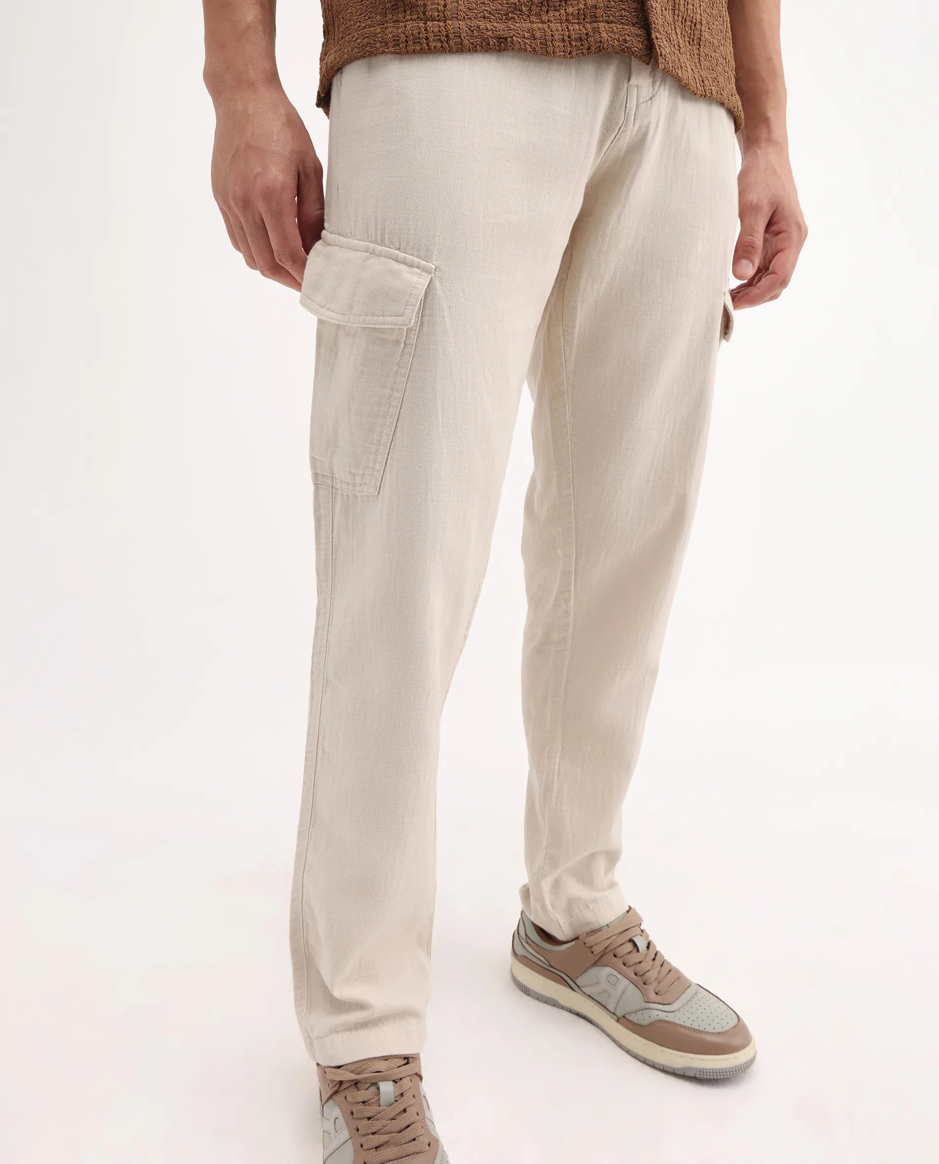 Rare Rabbit Men's Presso-25 Beige Cotton Blend Plain Relaxed Fit Trouser