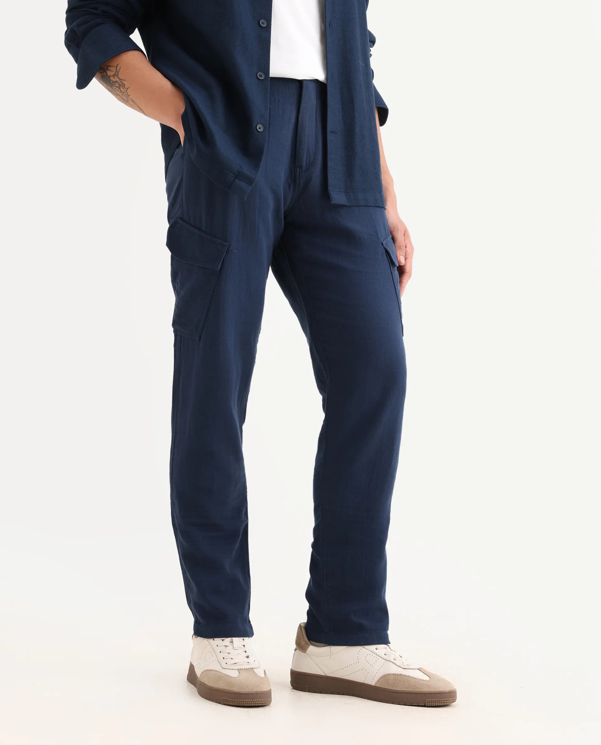 Rare Rabbit Men's Presso-25 Dusky Blue Cotton Blend Plain Relaxed Fit Trouser