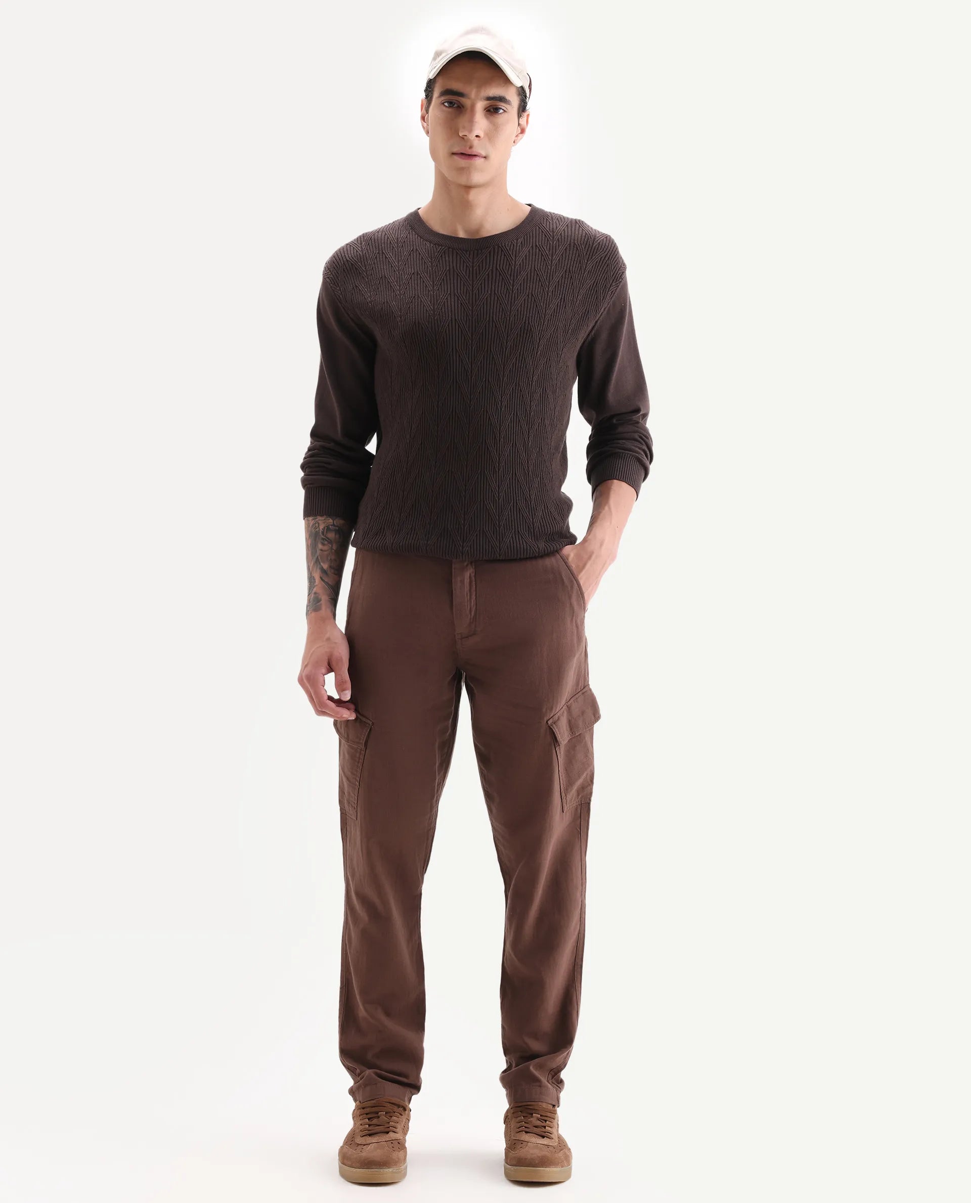 Rare Rabbit Men's Presso 25 Dusky Brown Cotton Blend Plain Relaxed Fit Trouser