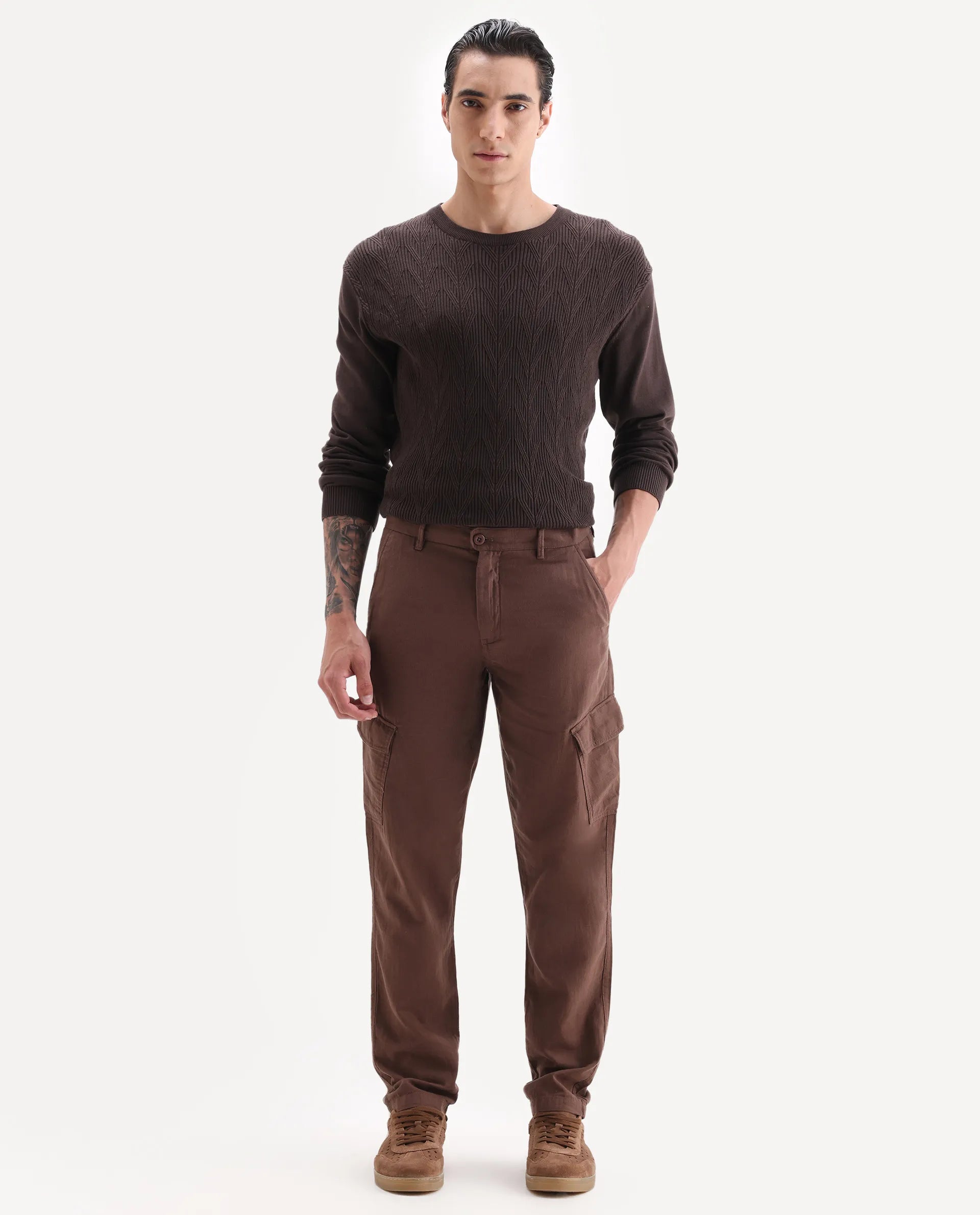 Rare Rabbit Men's Presso 25 Dusky Brown Cotton Blend Plain Relaxed Fit Trouser