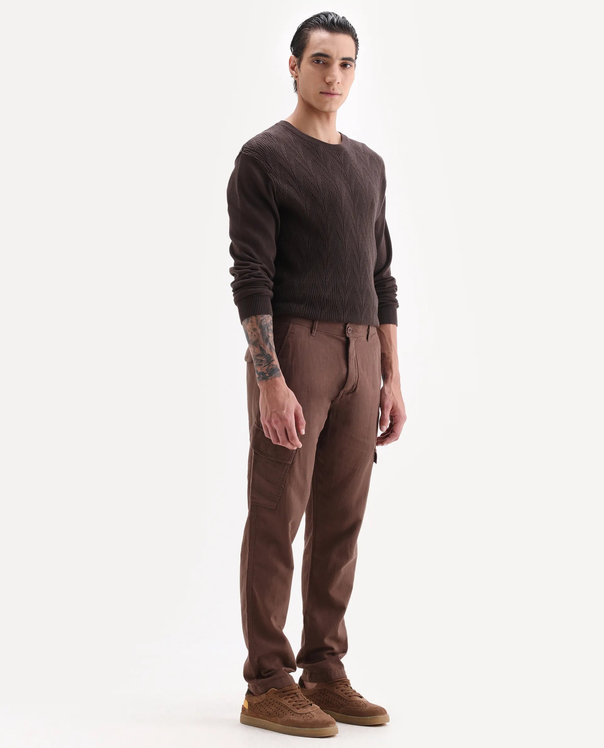 Rare Rabbit Men's Presso 25 Dusky Brown Cotton Blend Plain Relaxed Fit Trouser