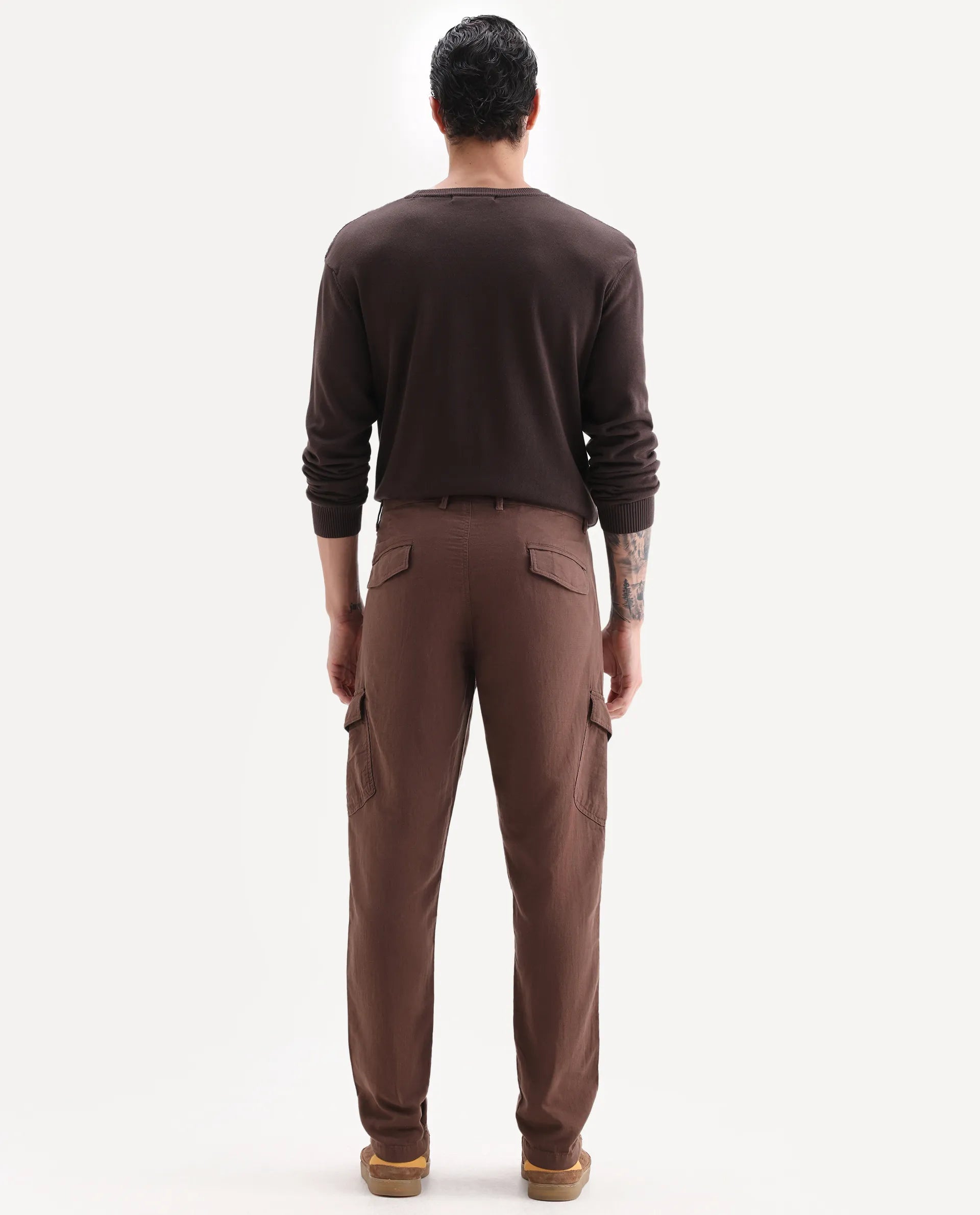 Rare Rabbit Men's Presso 25 Dusky Brown Cotton Blend Plain Relaxed Fit Trouser