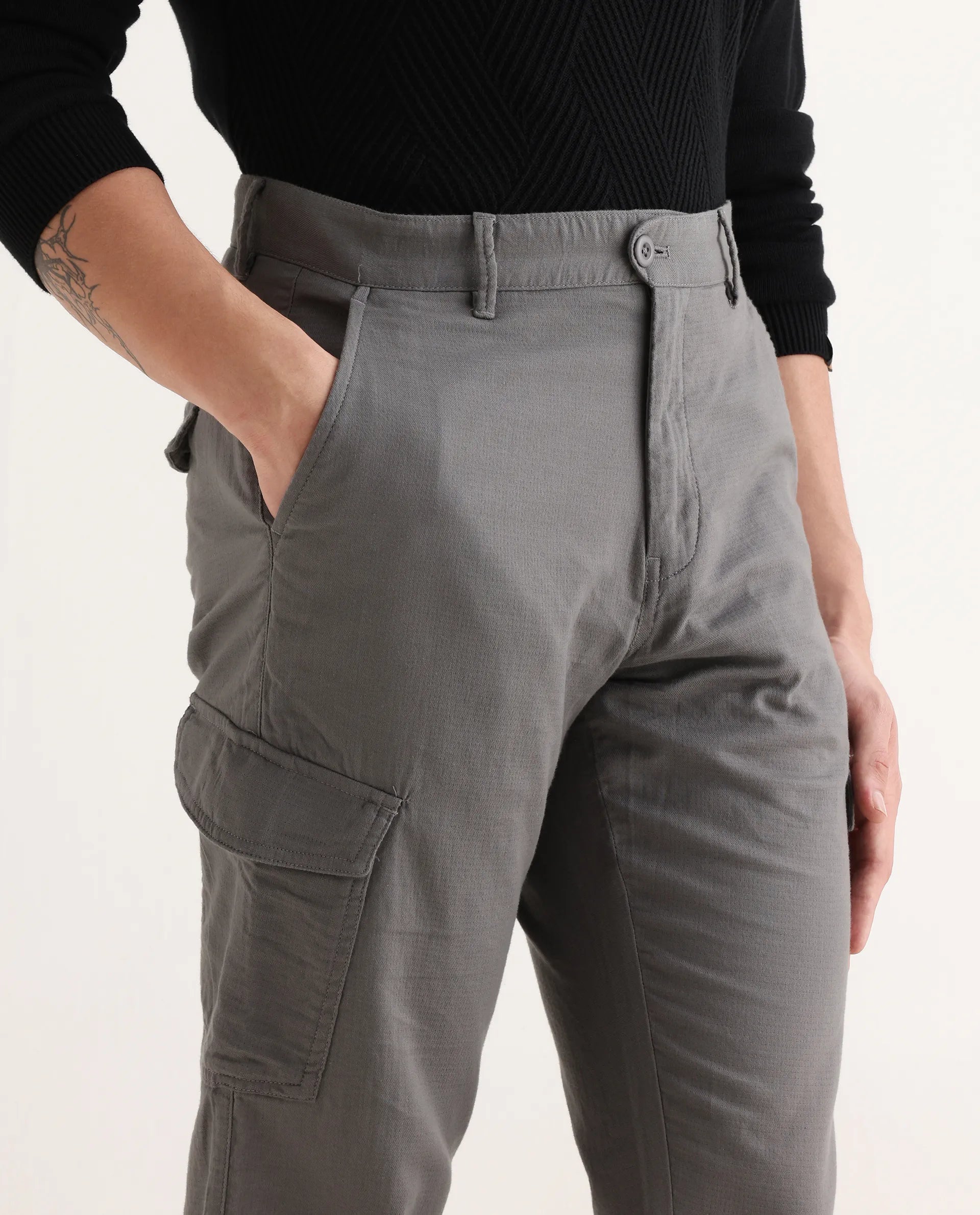 Rare Rabbit Men's Presso-Aw25 Light Grey Cotton Plain Regular Fit Trouser