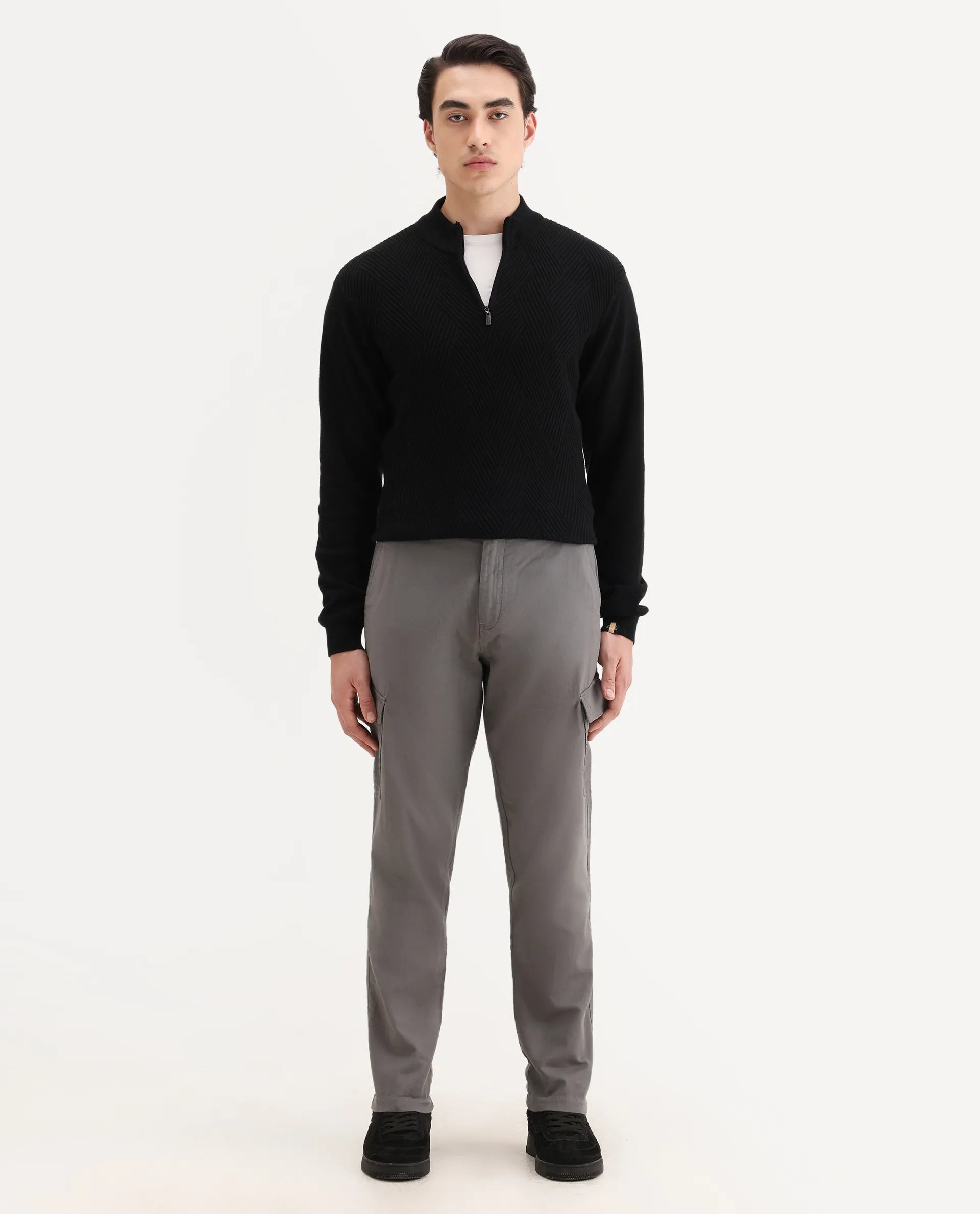 Rare Rabbit Men's Presso-Aw25 Light Grey Cotton Plain Regular Fit Trouser