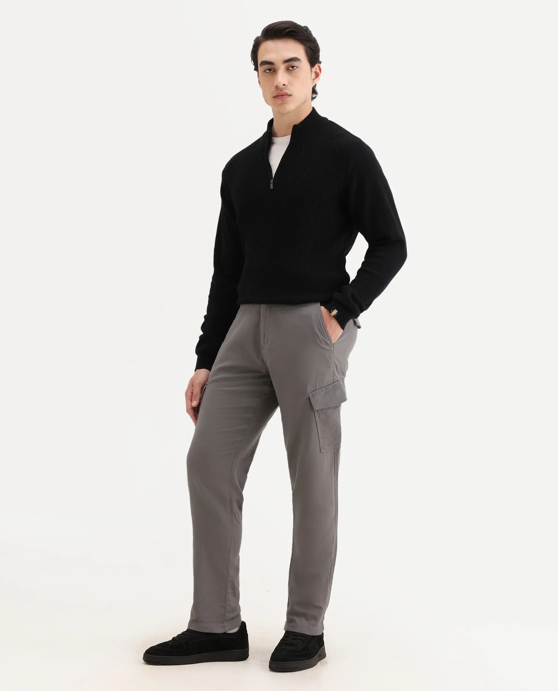 Rare Rabbit Men's Presso-Aw25 Light Grey Cotton Plain Regular Fit Trouser