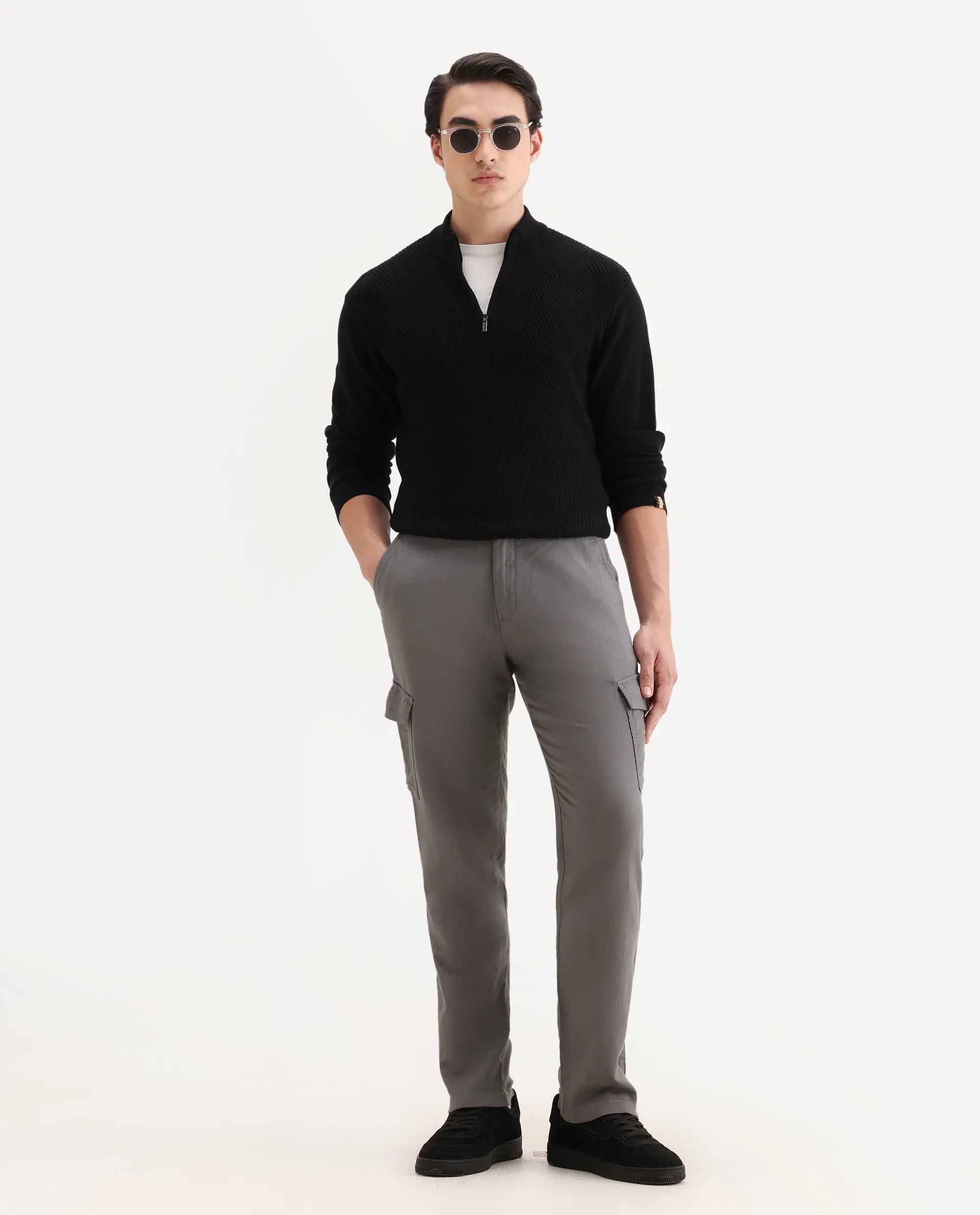 Rare Rabbit Men's Presso-Aw25 Light Grey Cotton Plain Regular Fit Trouser