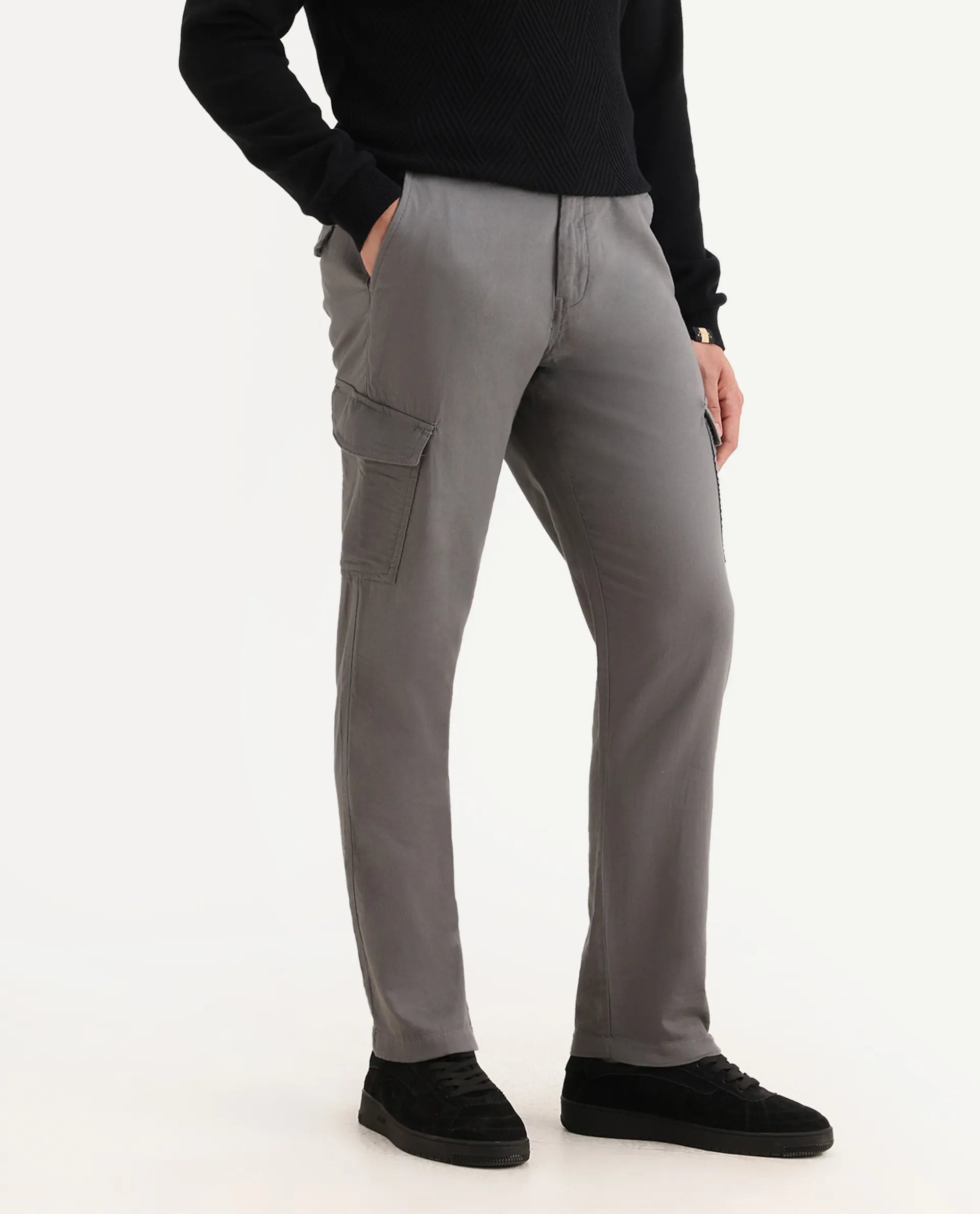 Rare Rabbit Men's Presso-Aw25 Light Grey Cotton Plain Regular Fit Trouser