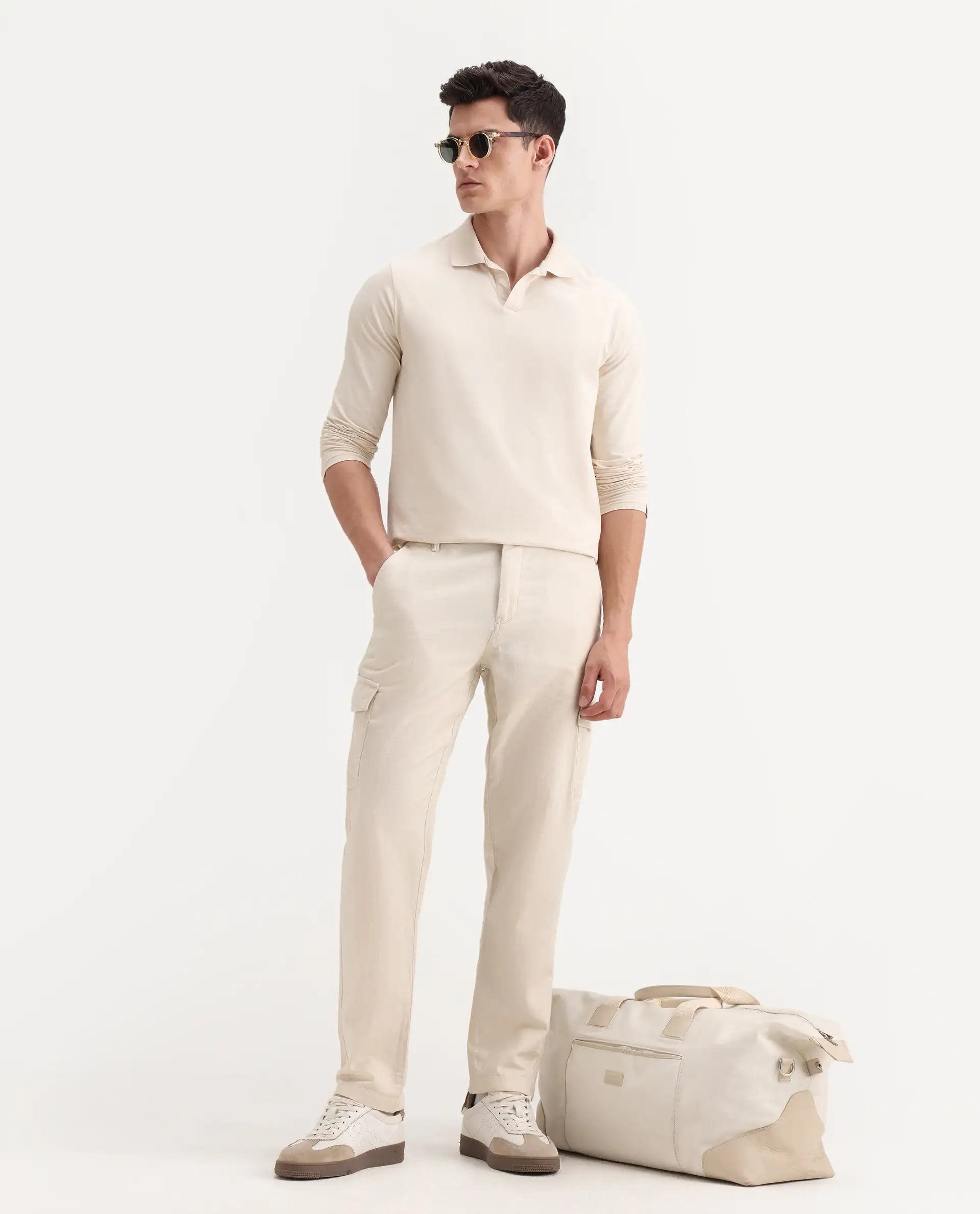 Rare Rabbit Men's Presso-Aw25 Off White Cotton Plain Regular Fit Trouser