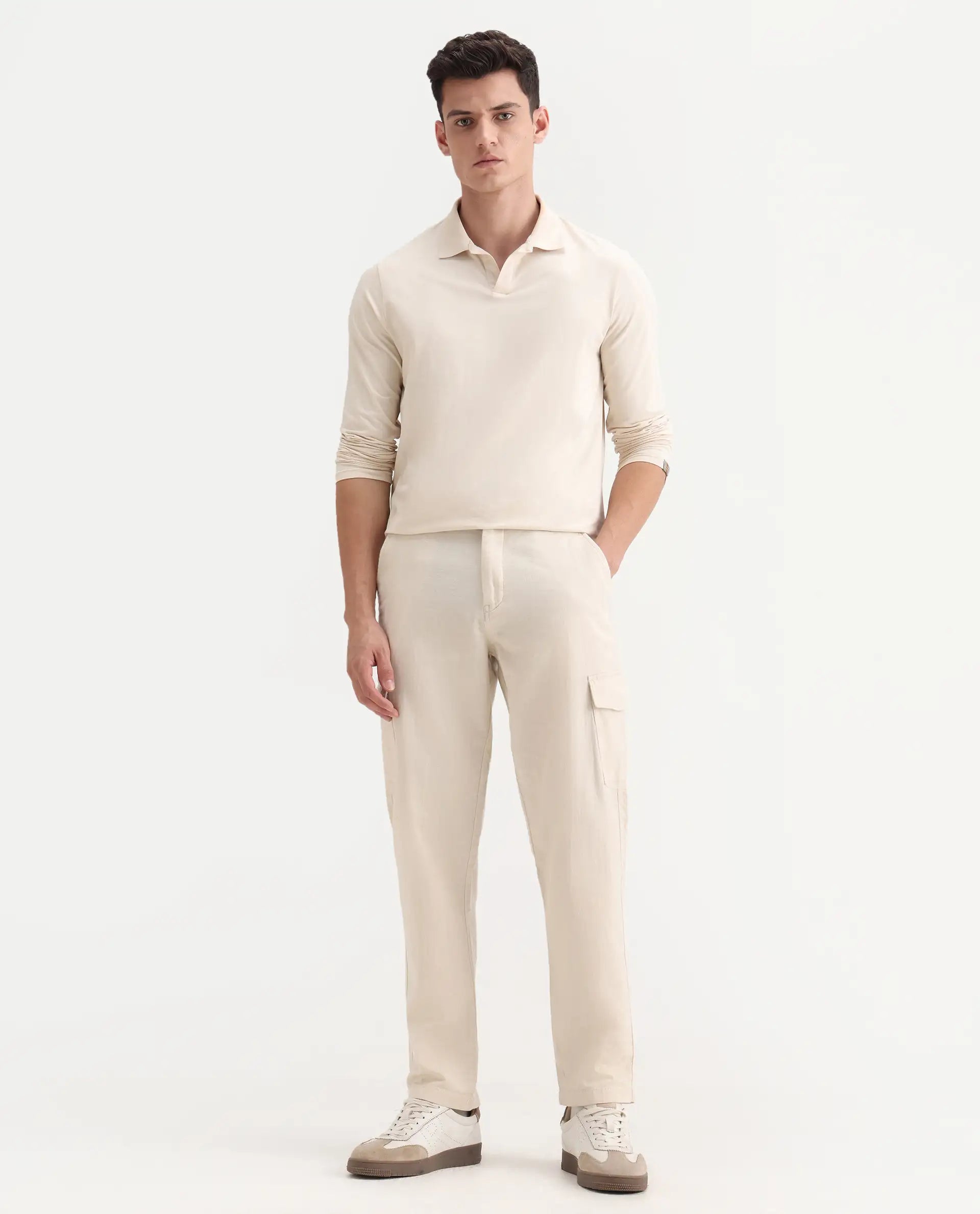 Rare Rabbit Men's Presso-Aw25 Off White Cotton Plain Regular Fit Trouser