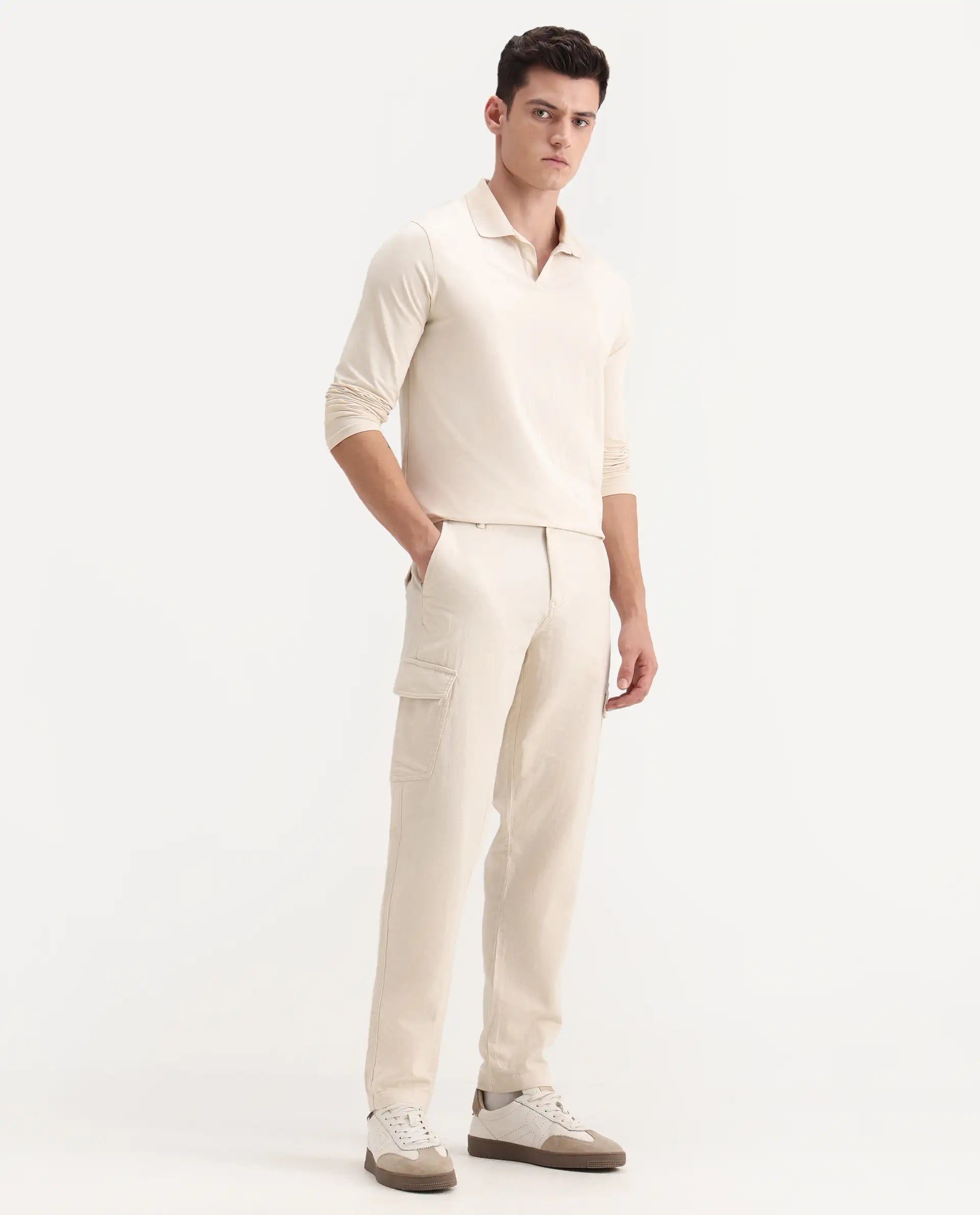 Rare Rabbit Men's Presso-Aw25 Off White Cotton Plain Regular Fit Trouser
