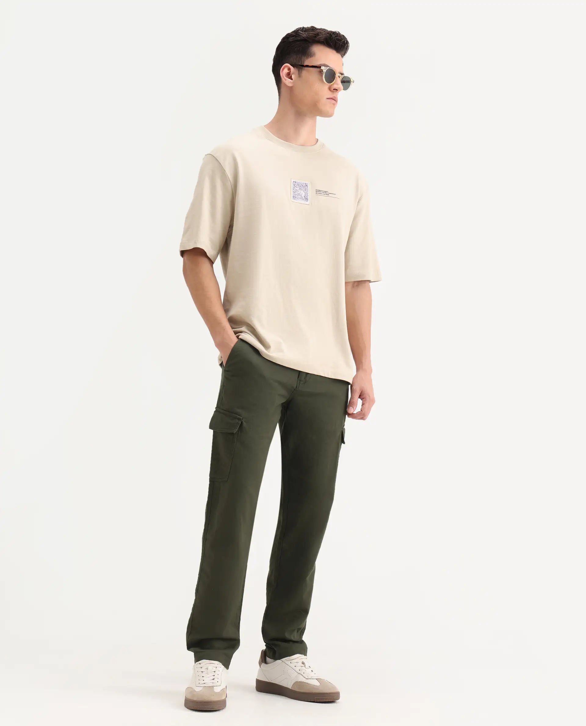 Rare Rabbit Men's Presso-Aw25 Olive Cotton Plain Regular Fit Trouser