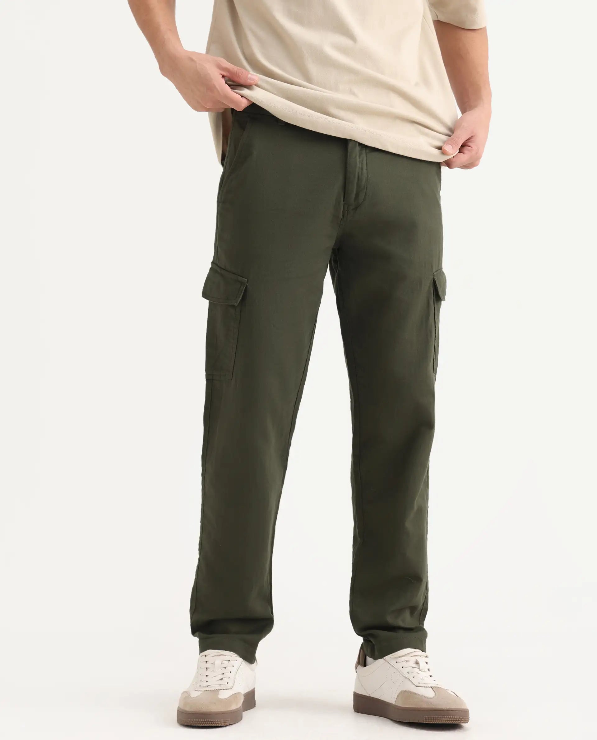 Rare Rabbit Men's Presso-Aw25 Olive Cotton Plain Regular Fit Trouser