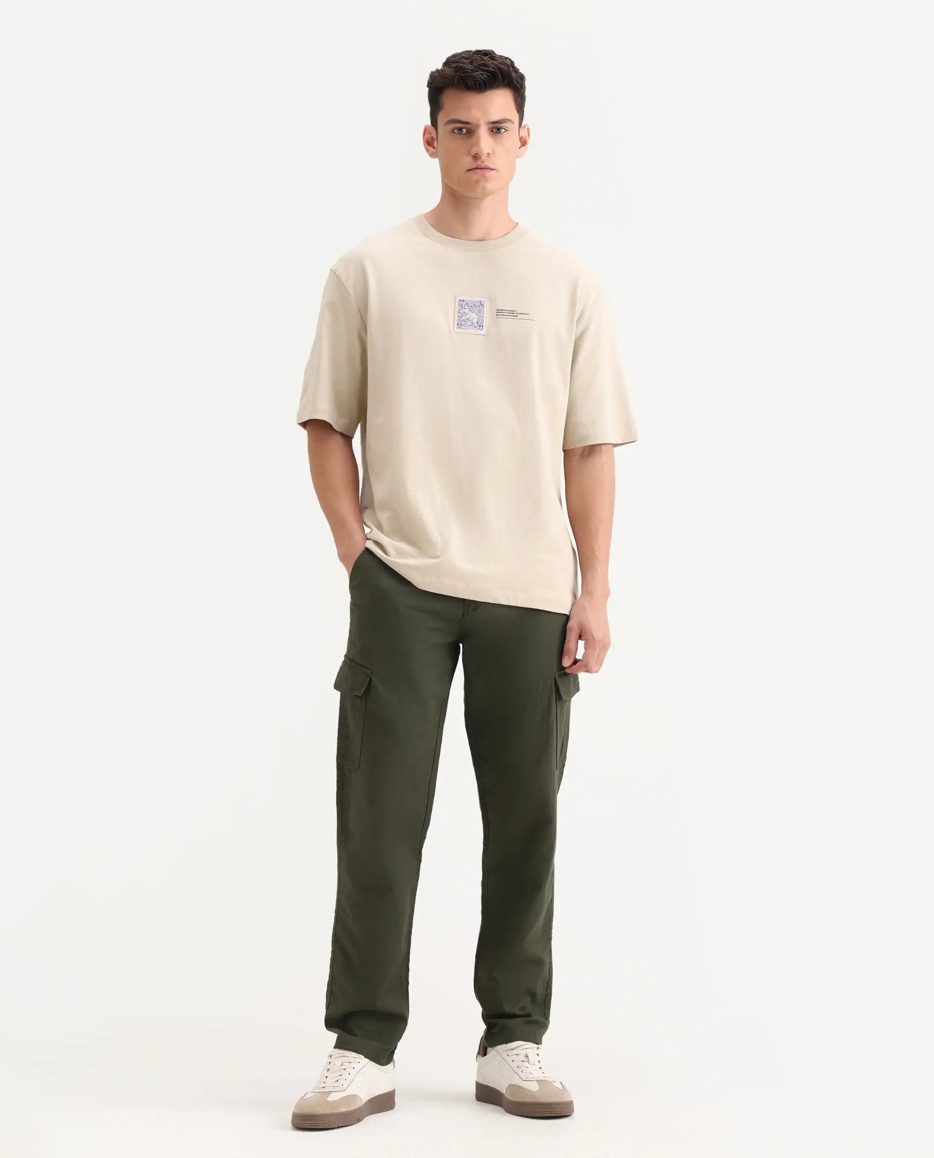 Rare Rabbit Men's Presso-Aw25 Olive Cotton Plain Regular Fit Trouser