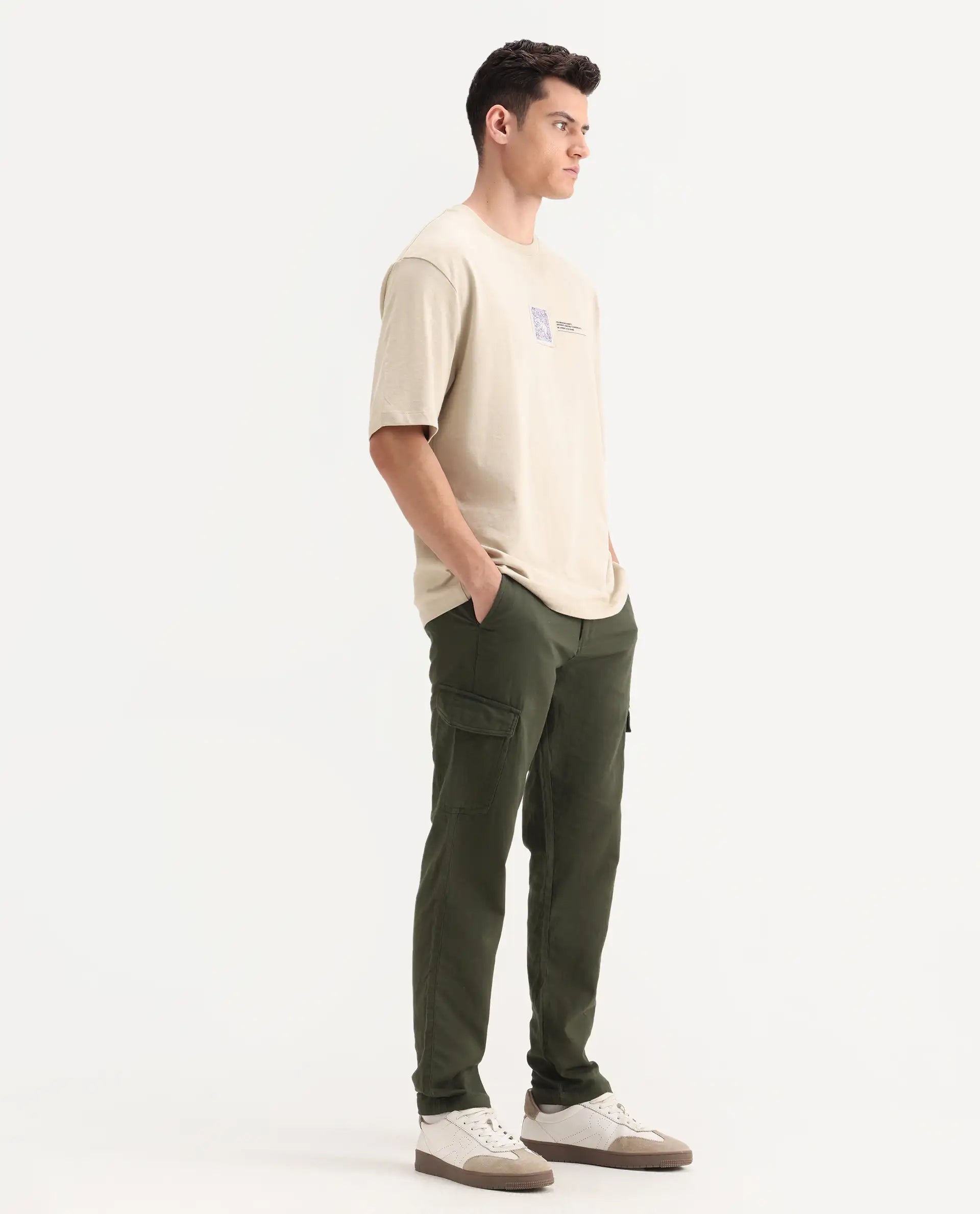 Rare Rabbit Men's Presso-Aw25 Olive Cotton Plain Regular Fit Trouser