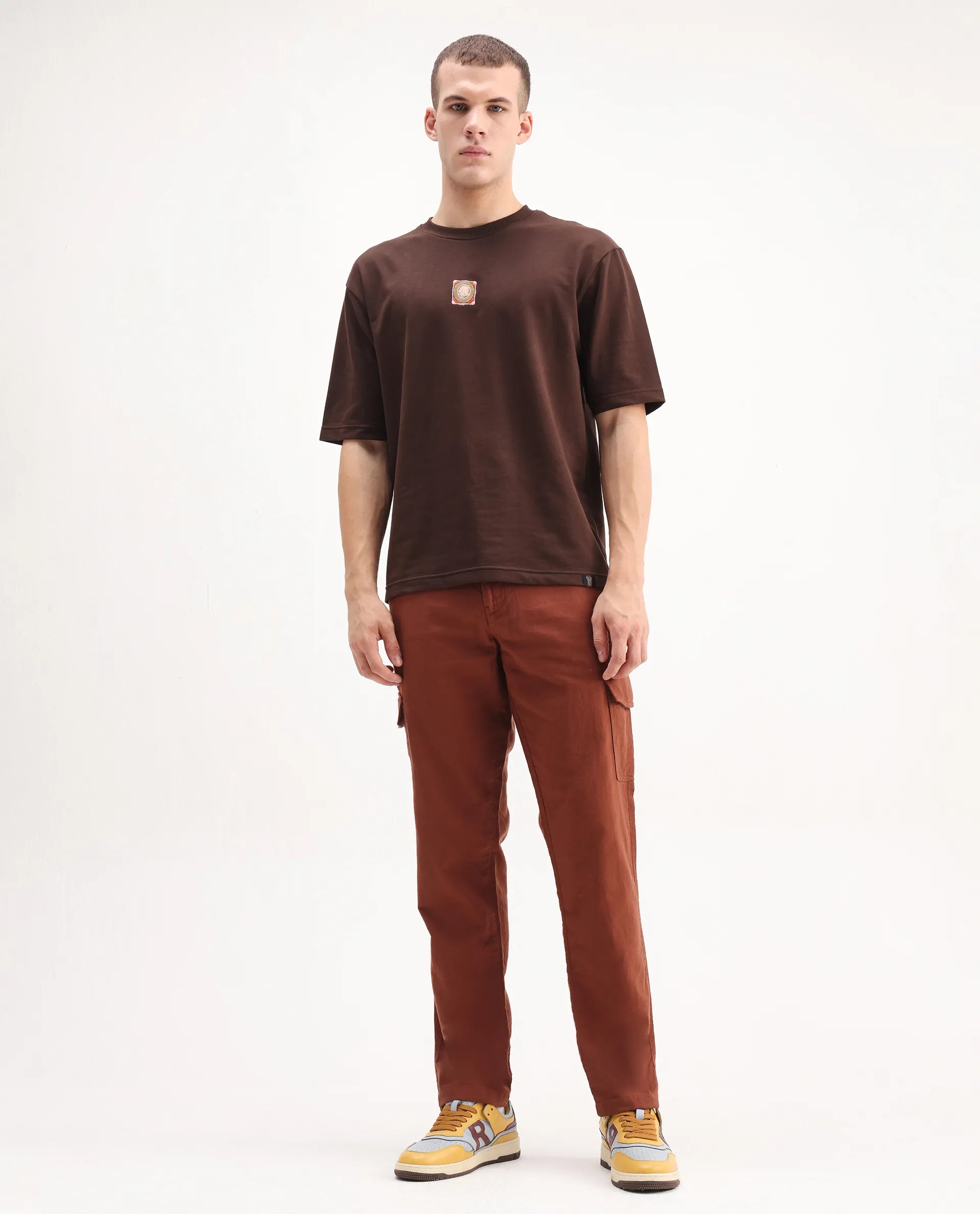 Rare Rabbit Men's Presso-Aw25 Rust Cotton Plain Regular Fit Trouser