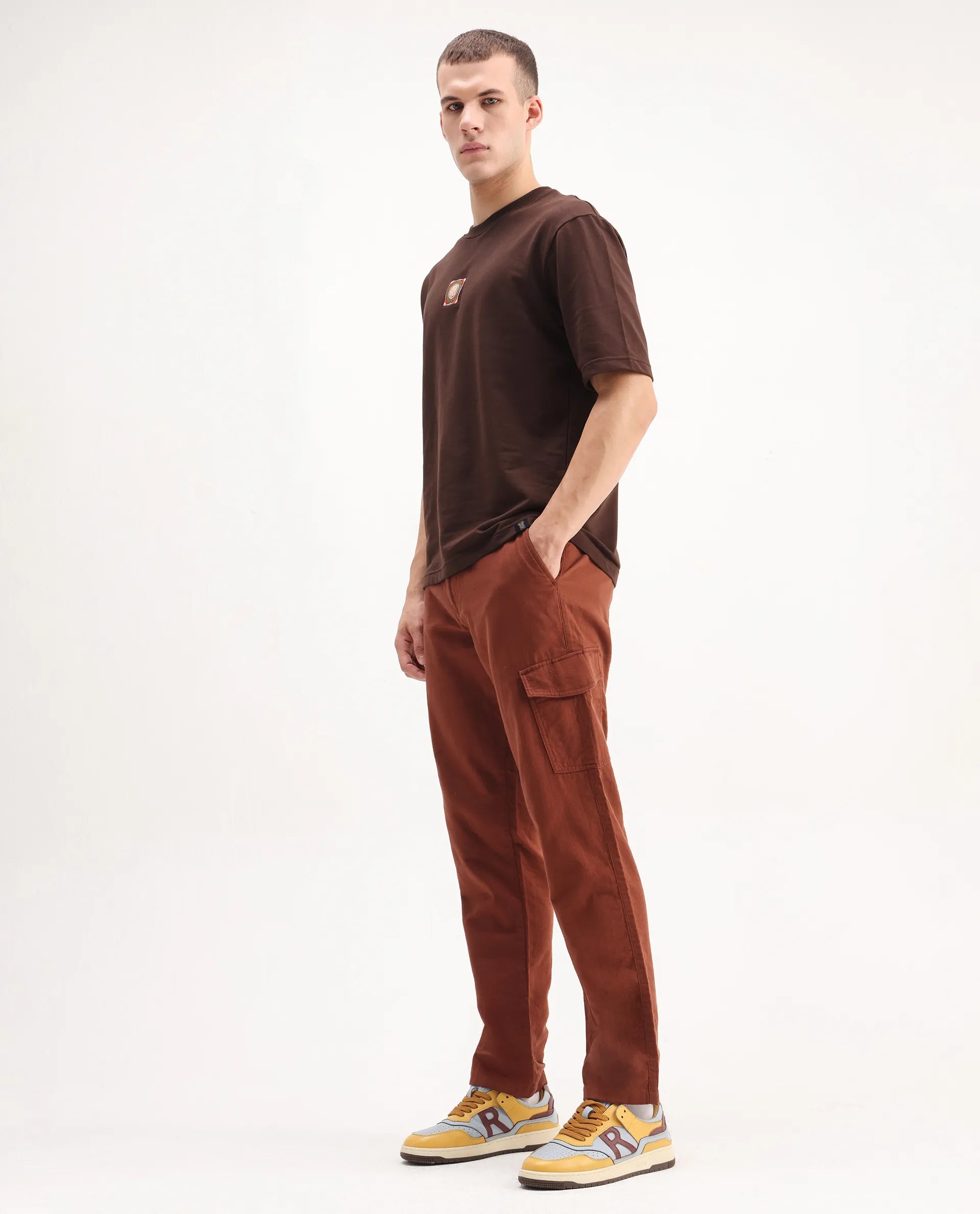 Rare Rabbit Men's Presso-Aw25 Rust Cotton Plain Regular Fit Trouser