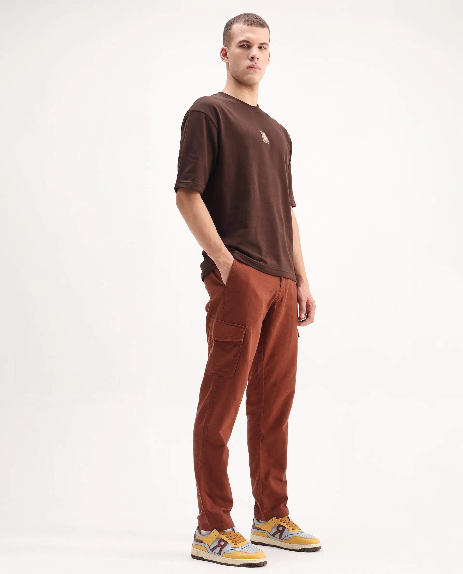 Rare Rabbit Men's Presso-Aw25 Rust Cotton Plain Regular Fit Trouser