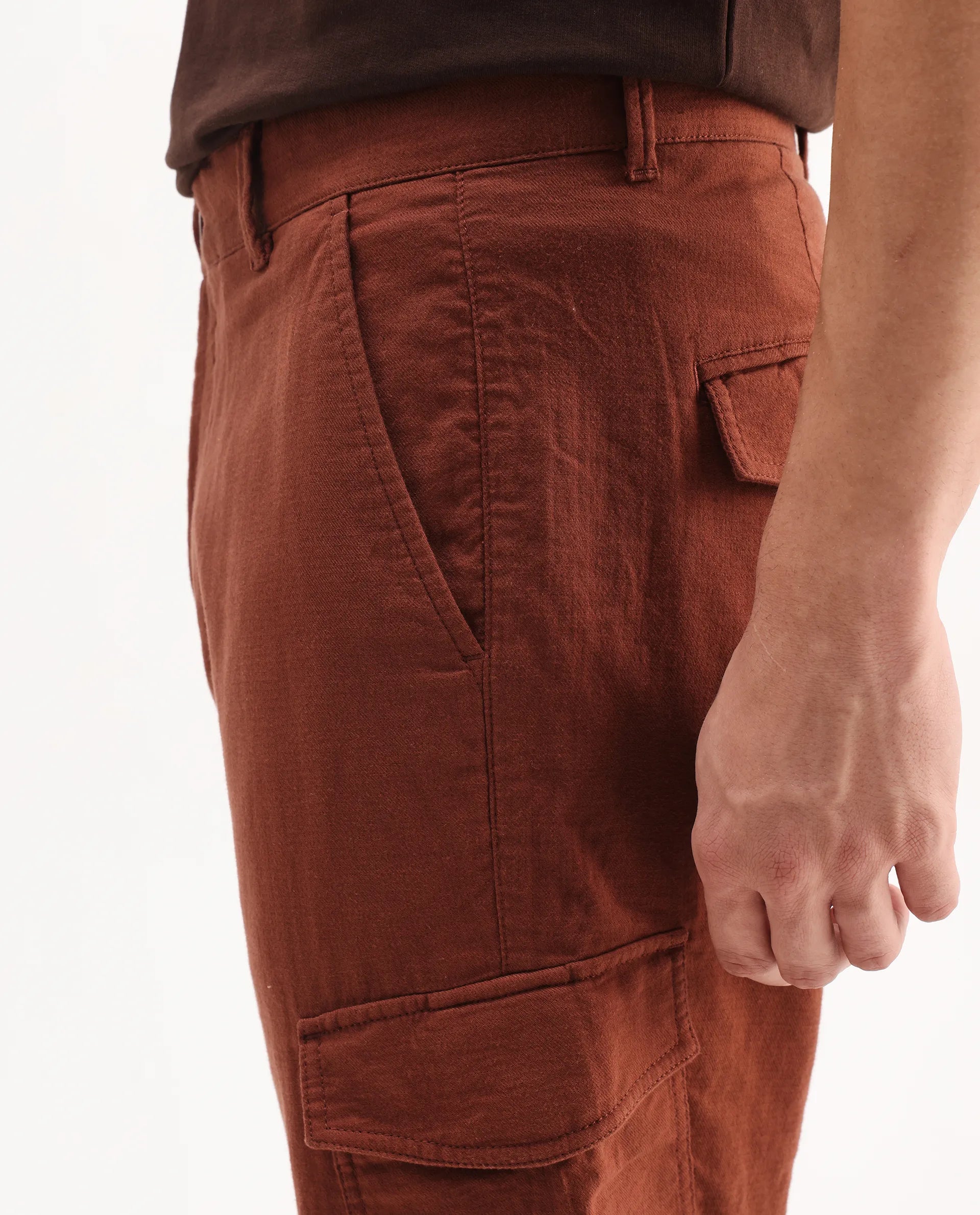Rare Rabbit Men's Presso-Aw25 Rust Cotton Plain Regular Fit Trouser