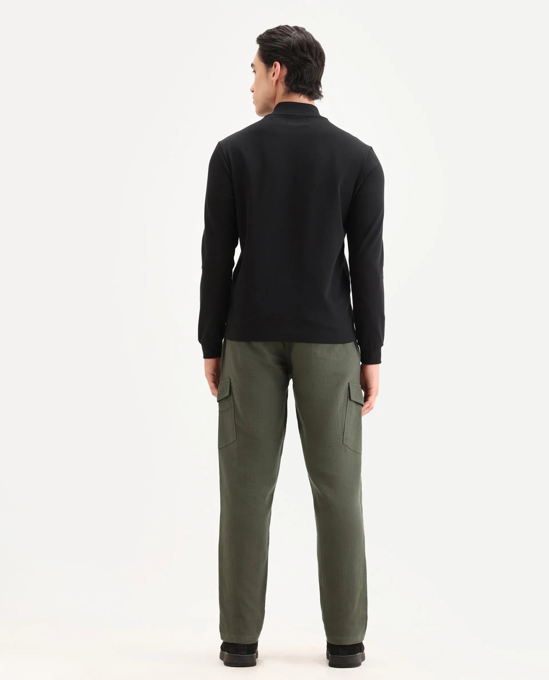 Rare Rabbit Men's Presso Dusky Green Cotton Plain Relaxed Fit Trouser