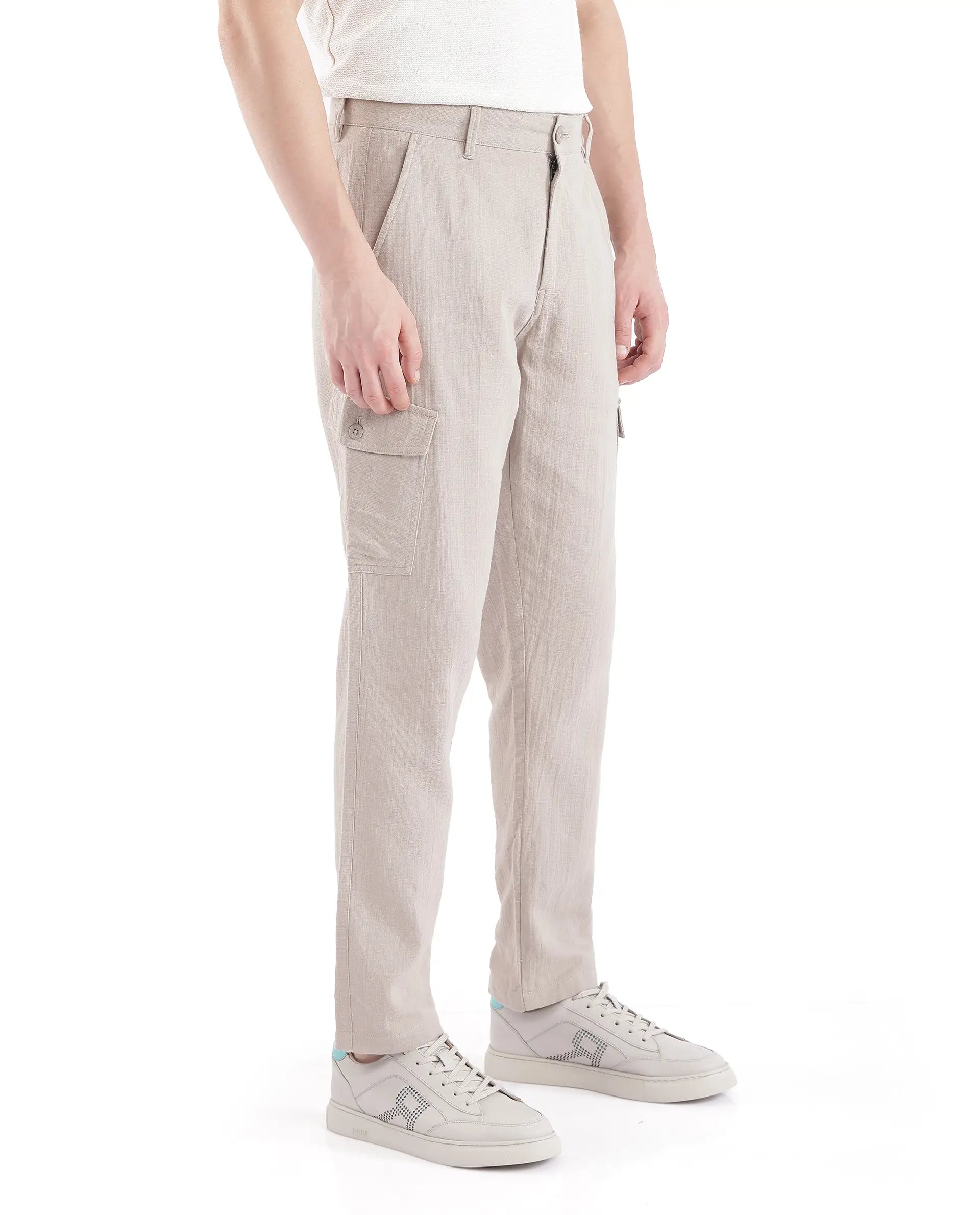 Rare Rabbit Men Presso Light Beige Double Layer Twill Mid Rise Cargo Style Plain Trouser