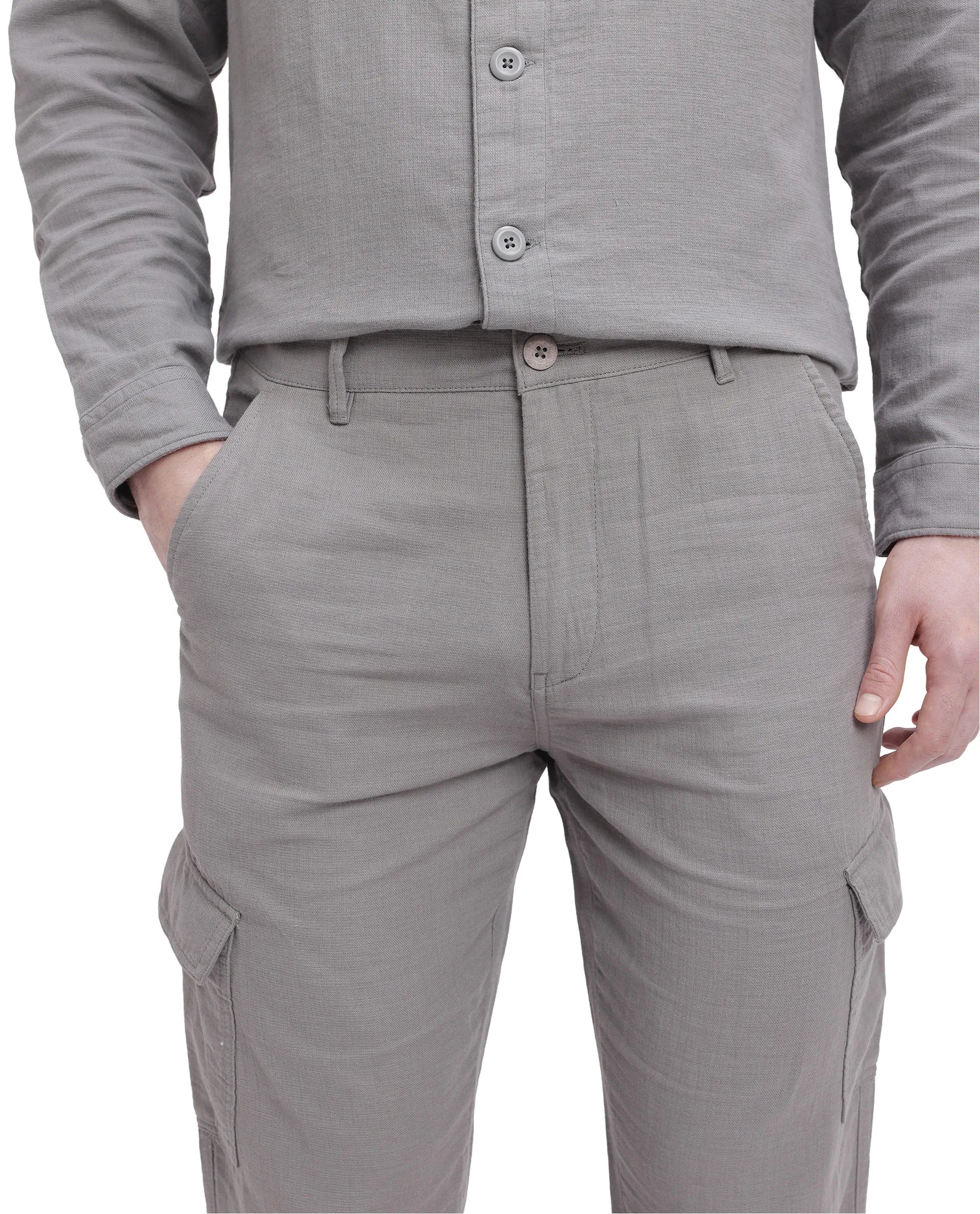 Rare Rabbit Men Presso Light Grey  Double Layer Twill Mid Rise Cargo Style Plain Trouser