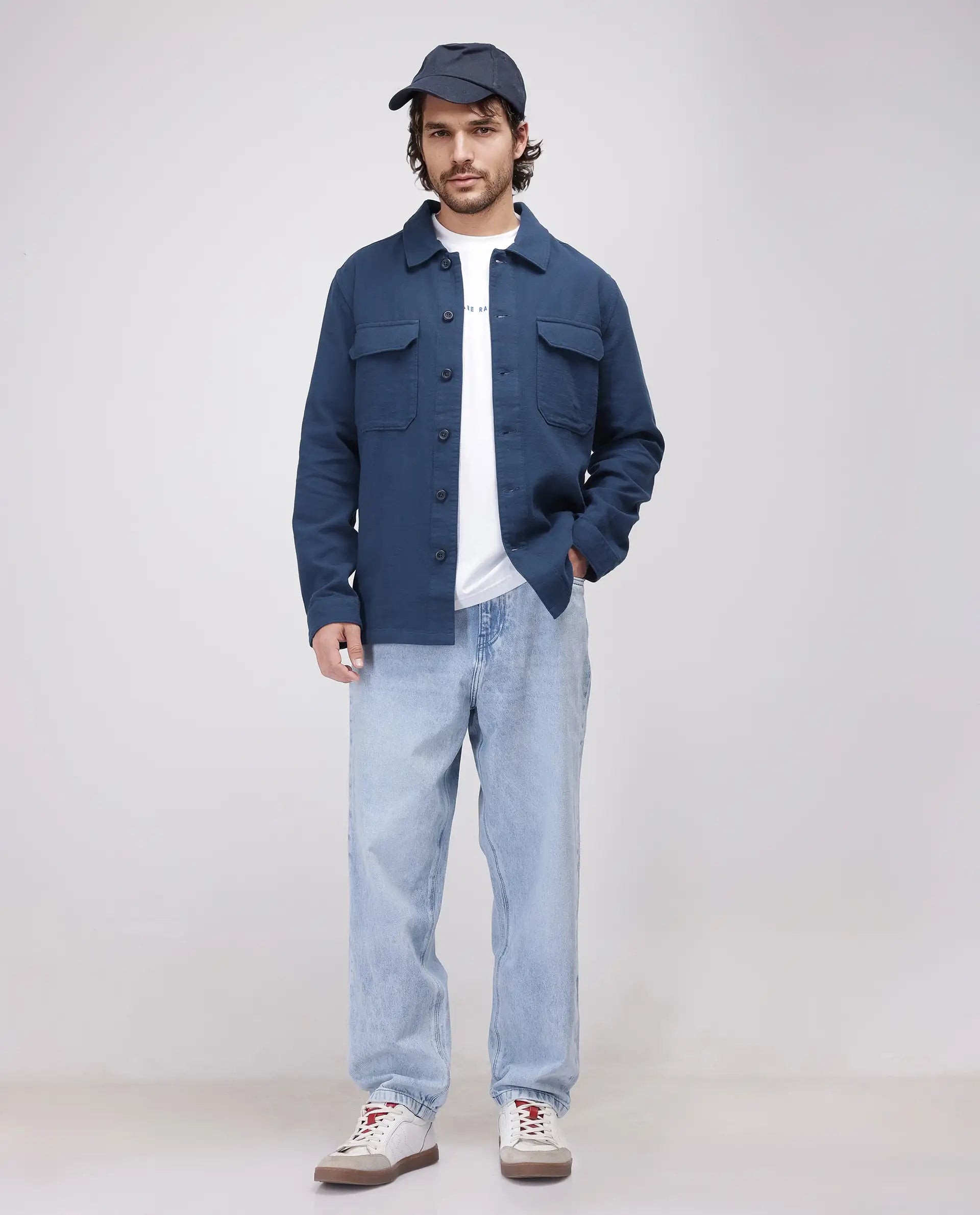 Rare Rabbit Men's Prest-25 Dusky Blue Cotton Fabric Full Sleeve Spread Collar Plain Shacket