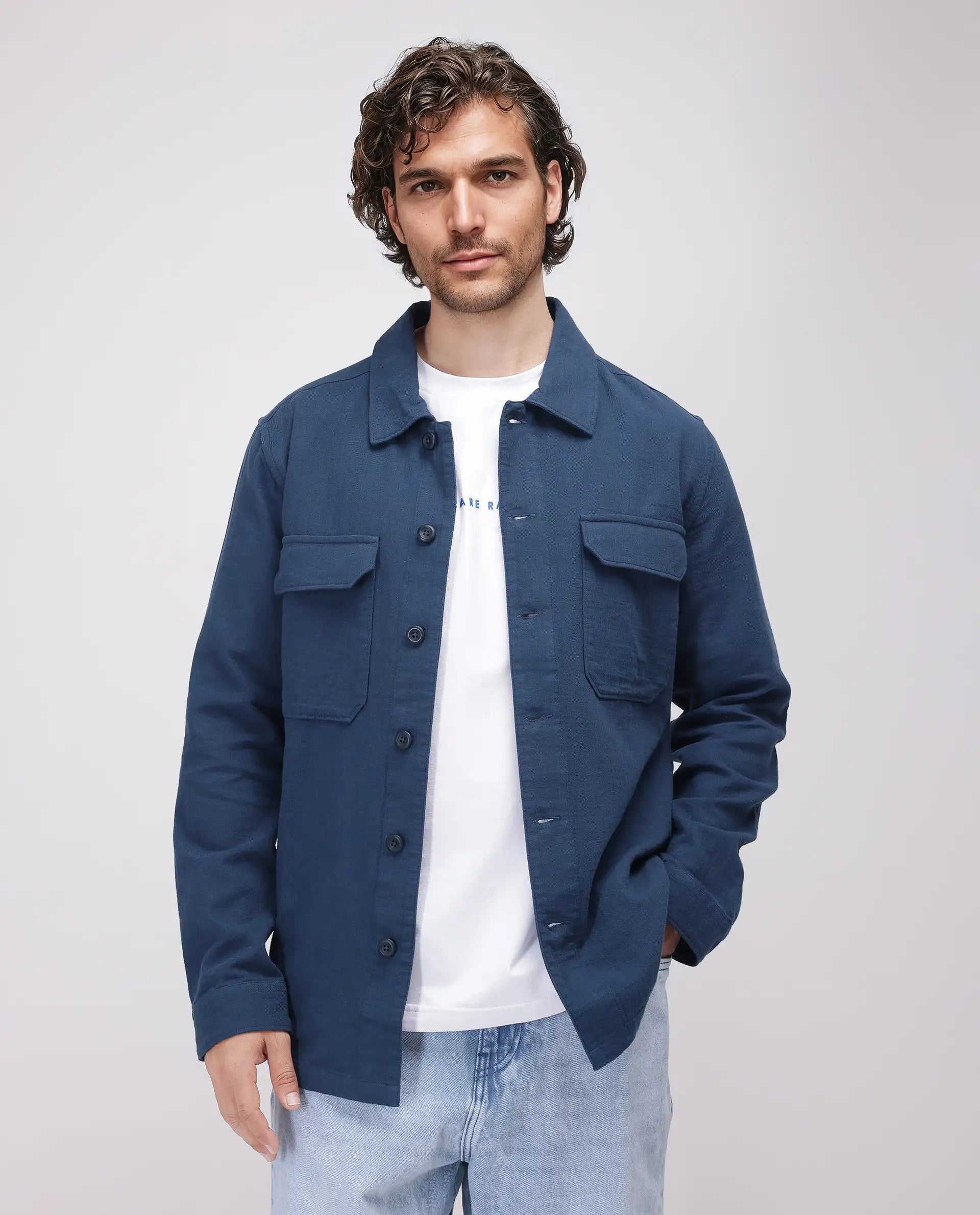 Rare Rabbit Men's Prest-25 Dusky Blue Cotton Fabric Full Sleeve Spread Collar Plain Shacket