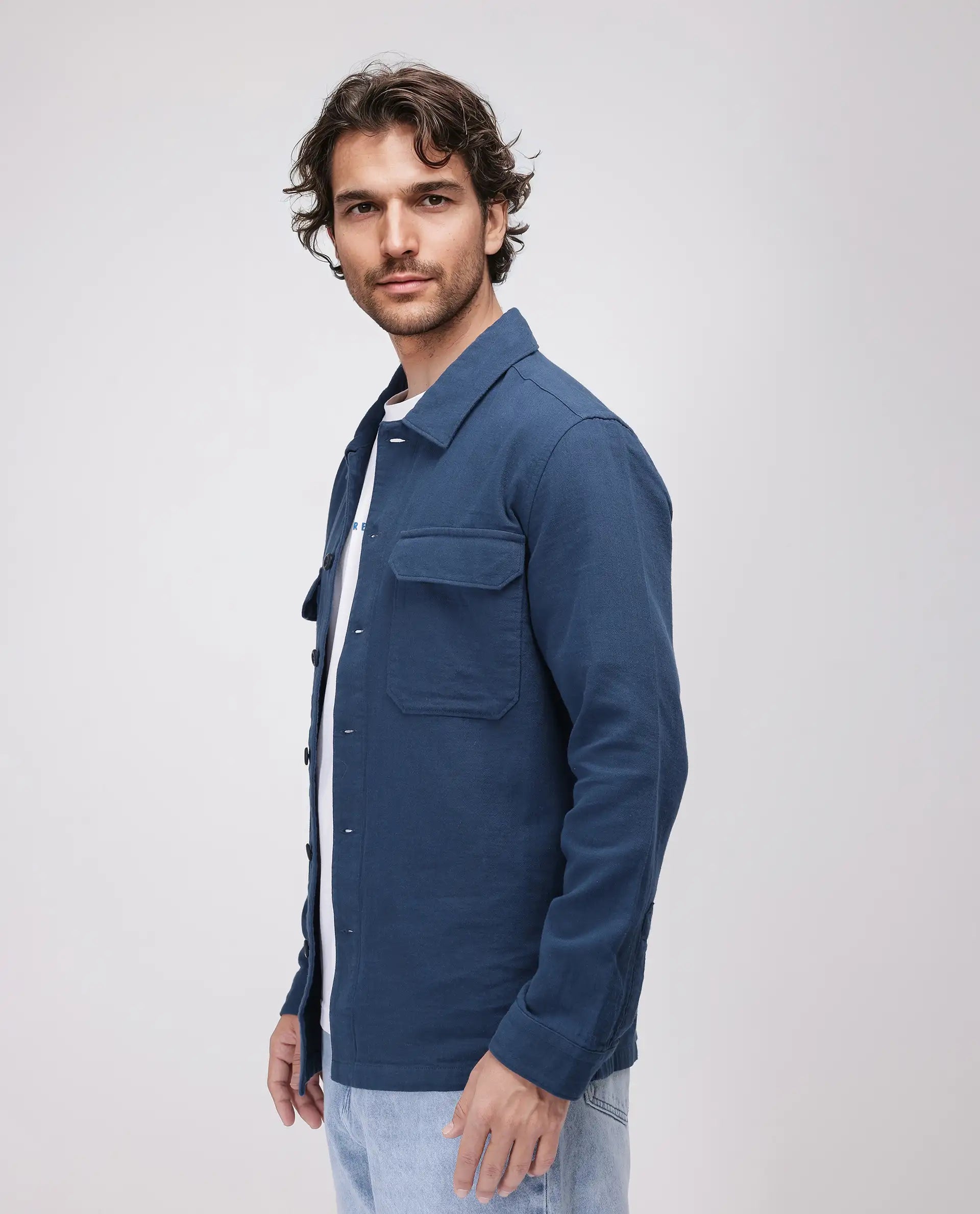 Rare Rabbit Men's Prest-25 Dusky Blue Cotton Fabric Full Sleeve Spread Collar Plain Shacket