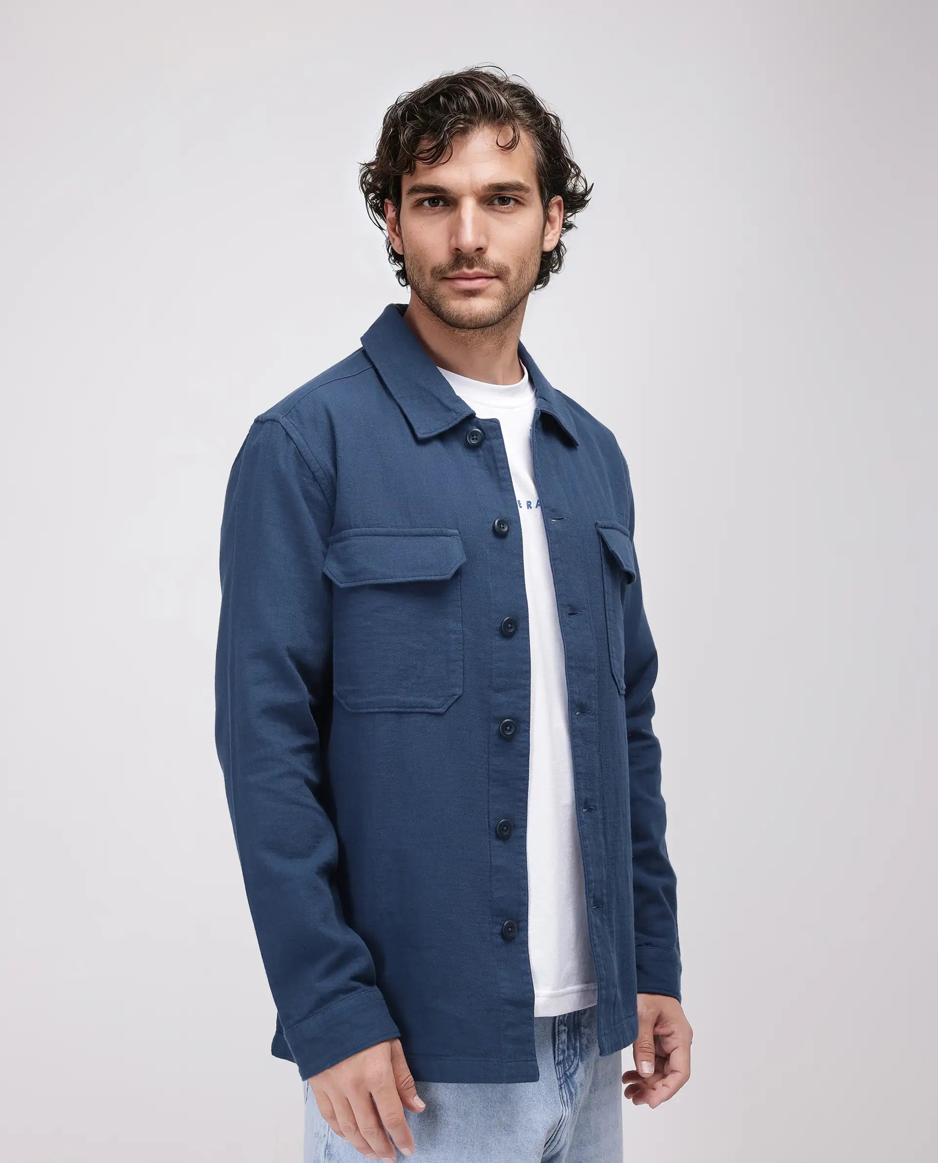 Rare Rabbit Men's Prest-25 Dusky Blue Cotton Fabric Full Sleeve Spread Collar Plain Shacket