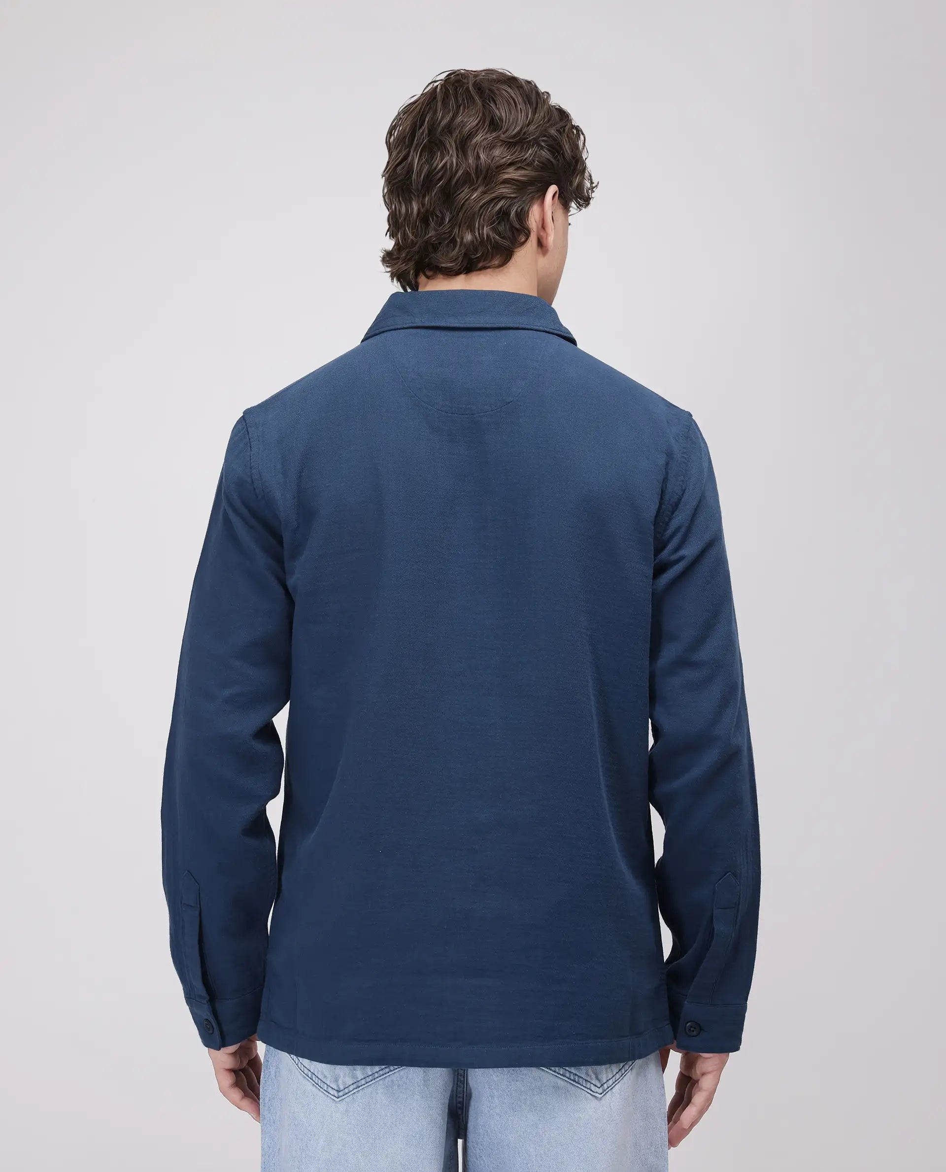 Rare Rabbit Men's Prest-25 Dusky Blue Cotton Fabric Full Sleeve Spread Collar Plain Shacket