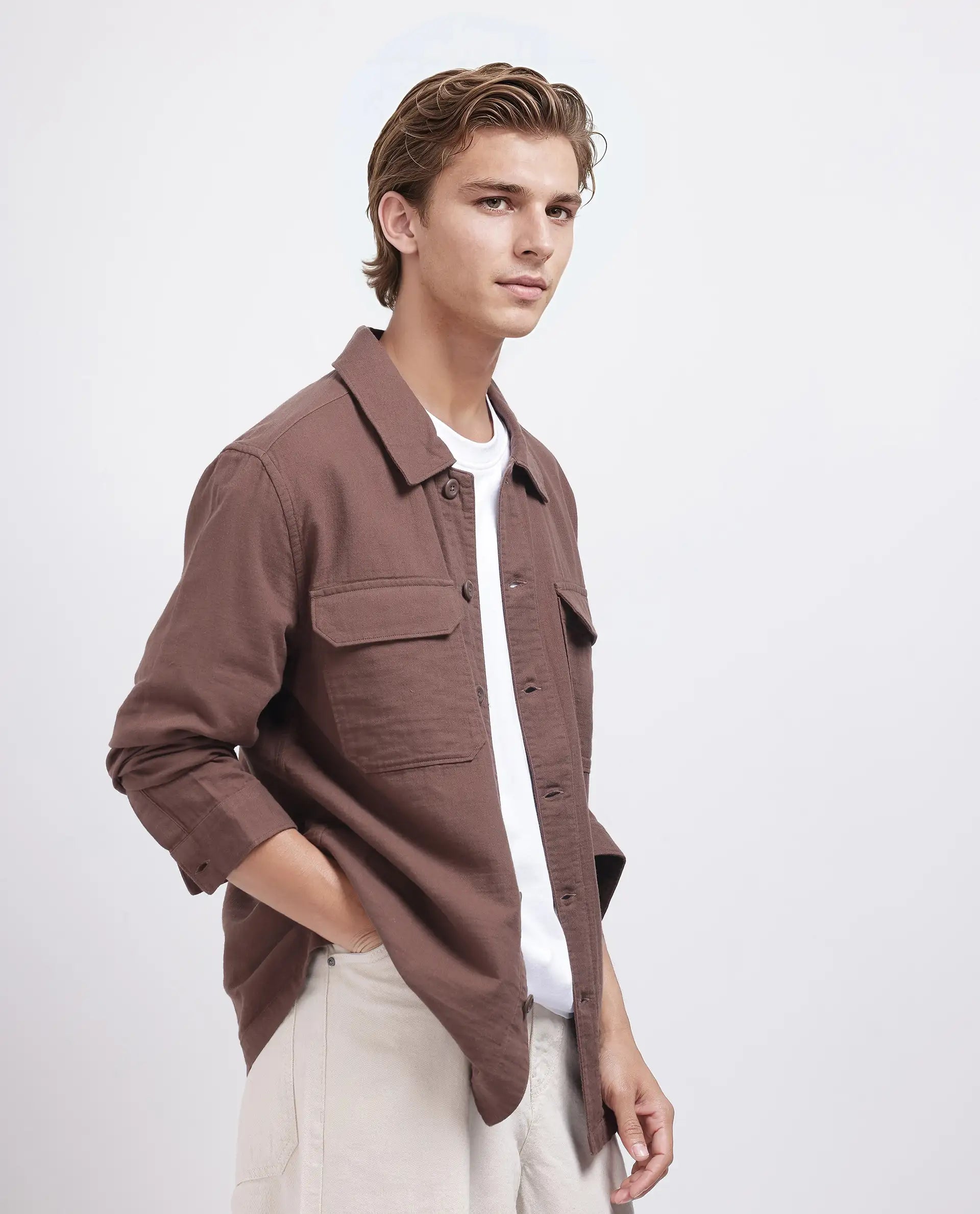 Rare Rabbit Men's Prest-25 Dusky Brown Cotton Fabric Full Sleeve Spread Collar Plain Shacket