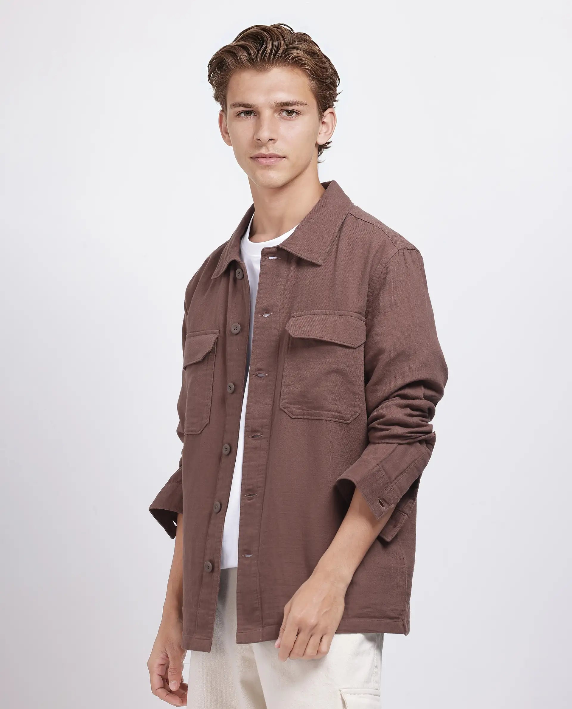 Rare Rabbit Men's Prest-25 Dusky Brown Cotton Fabric Full Sleeve Spread Collar Plain Shacket